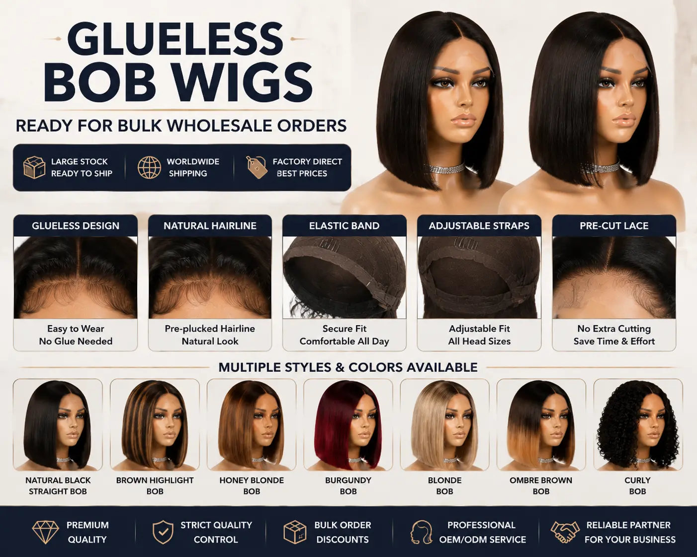 Glueless bob wigs ready for bulk wholesale orders with comfortable fit and natural look