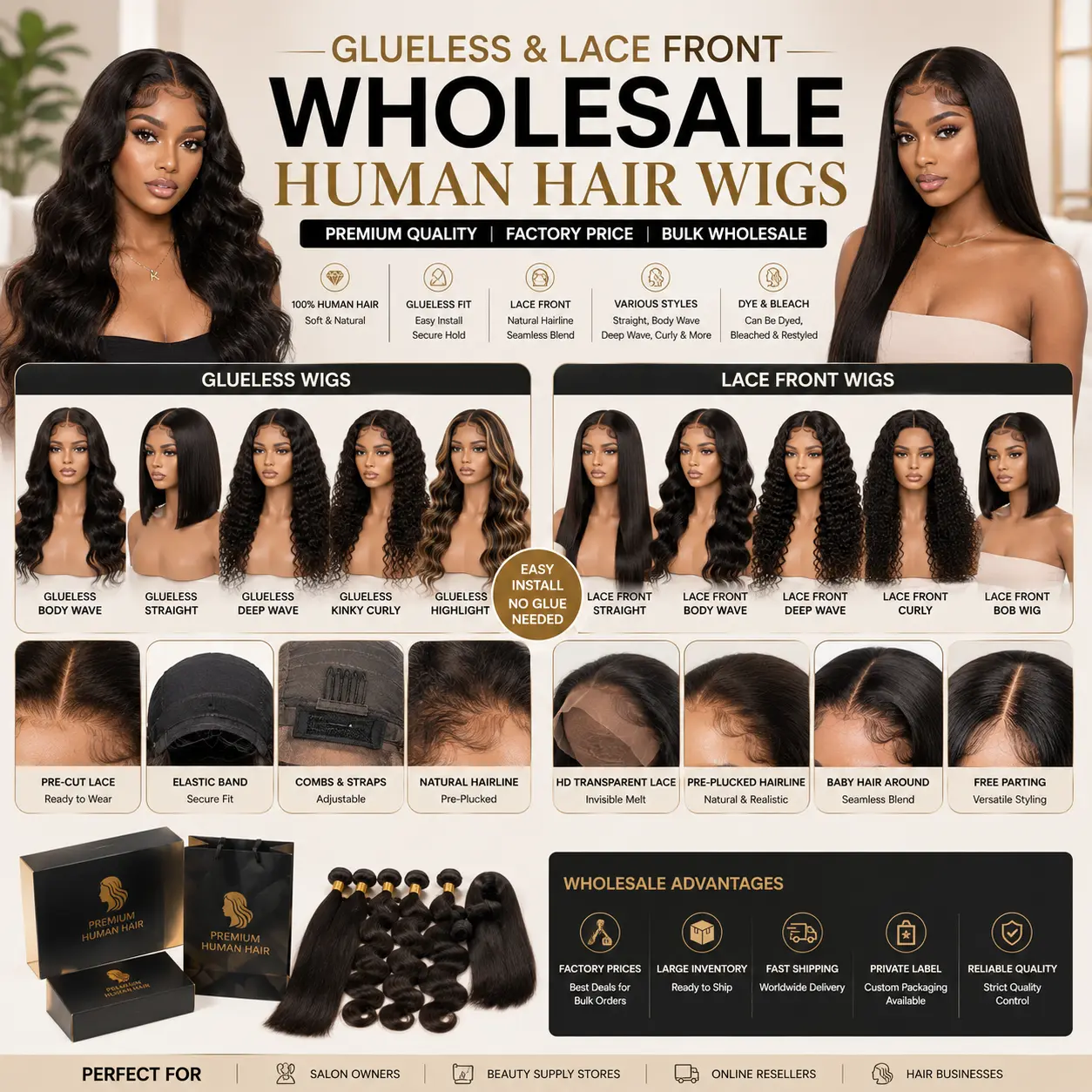 Glueless and lace front human hair wigs wholesale for salons and hair retailers