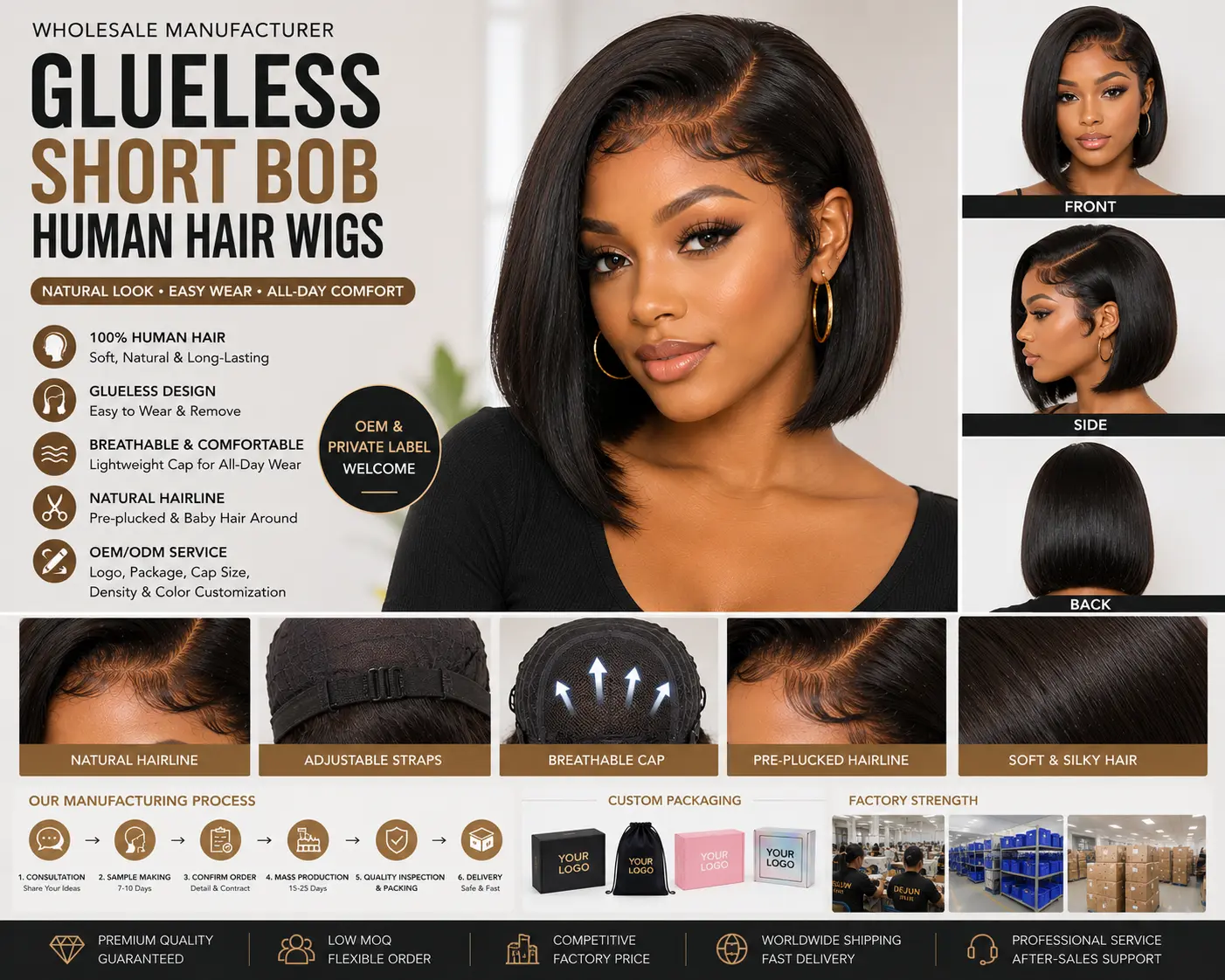 Glueless short bob human hair wigs manufacturer for wholesale and private label buyers