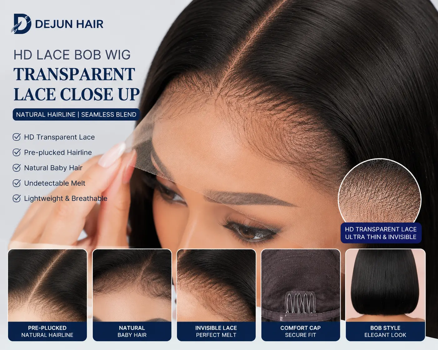 HD lace bob wig transparent lace close up showing invisible hairline construction