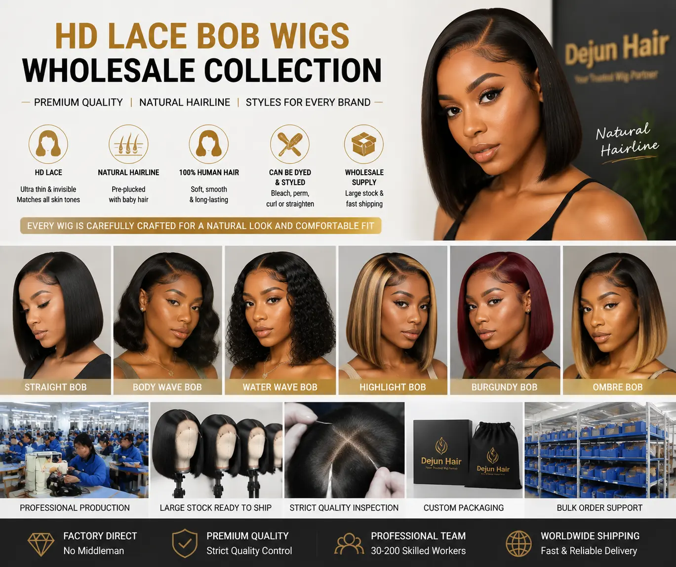 HD lace bob wigs wholesale collection with natural hairline for global wig retailers