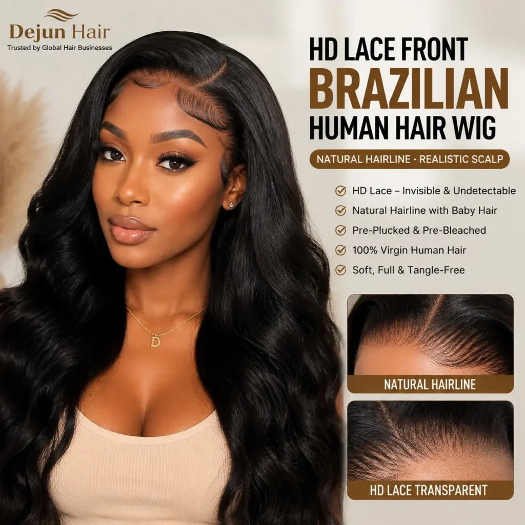 HD lace front Brazilian human hair wig with natural hairline and realistic scalp appearance