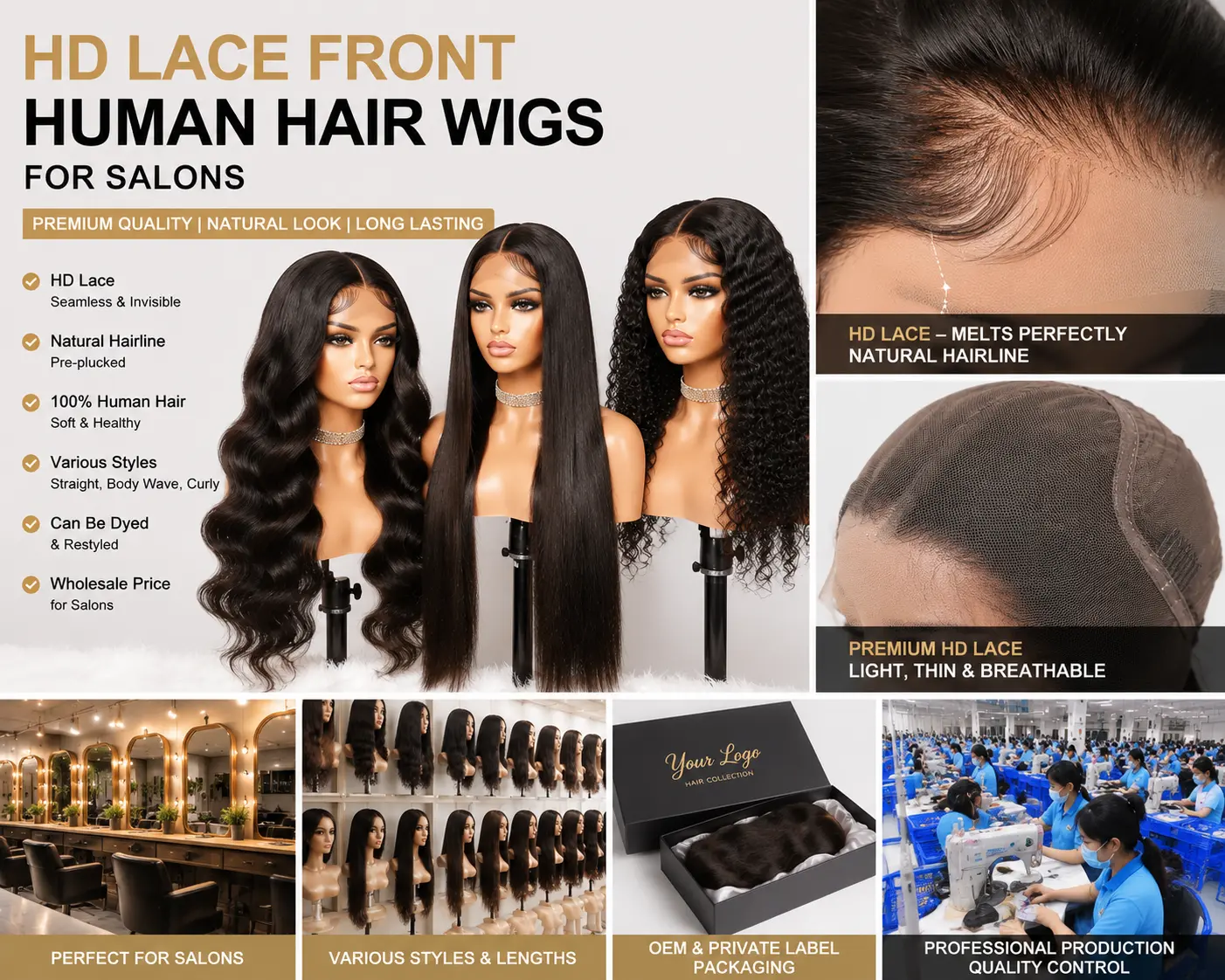 HD lace front human hair wigs for salons with natural hairline and multiple styles