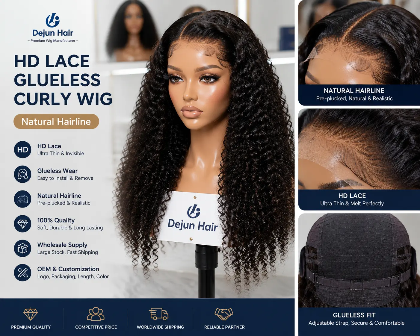 HD lace glueless curly human hair wig with natural hairline and realistic lace construction