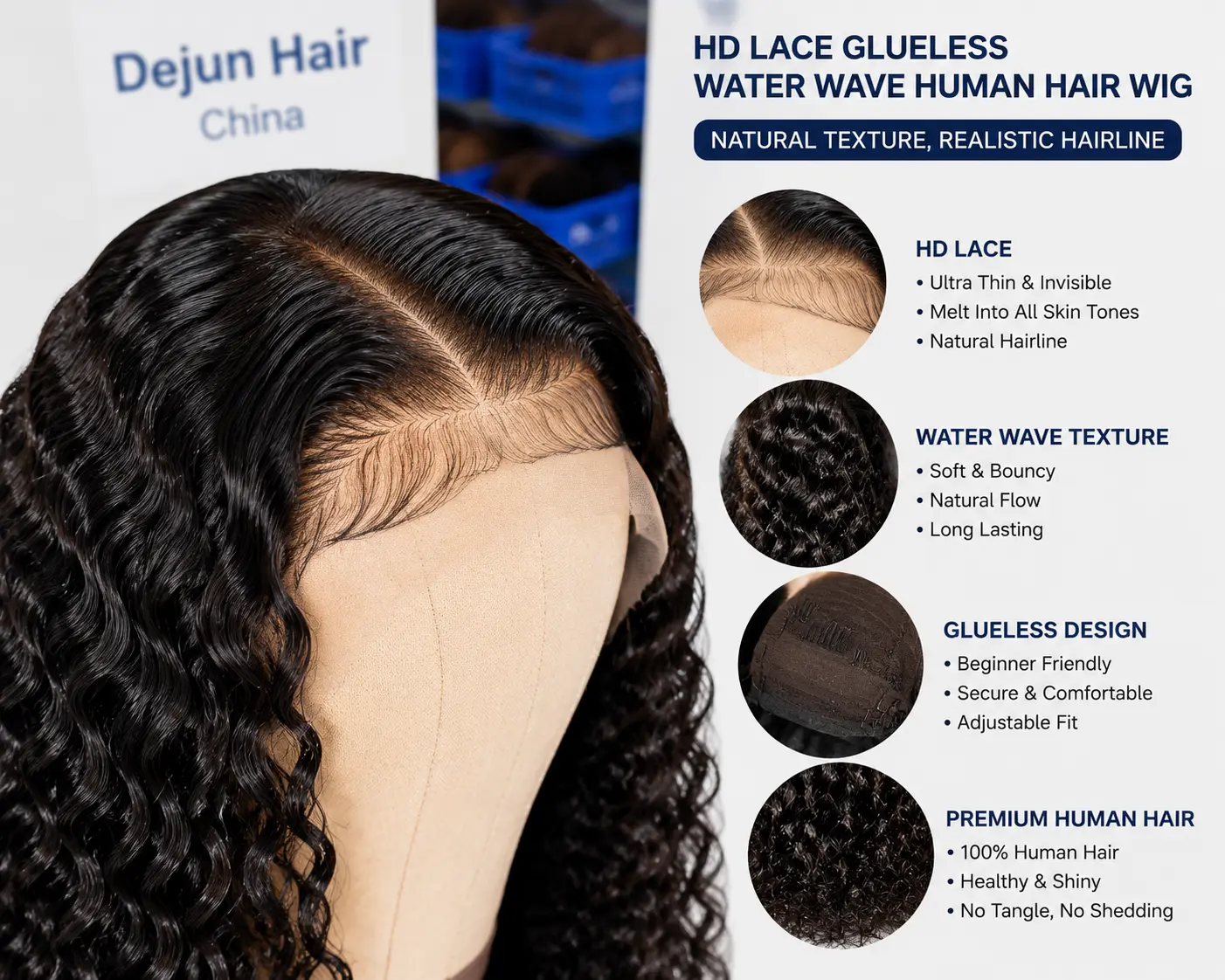 HD lace glueless water wave wig texture with natural hairline and soft wave pattern