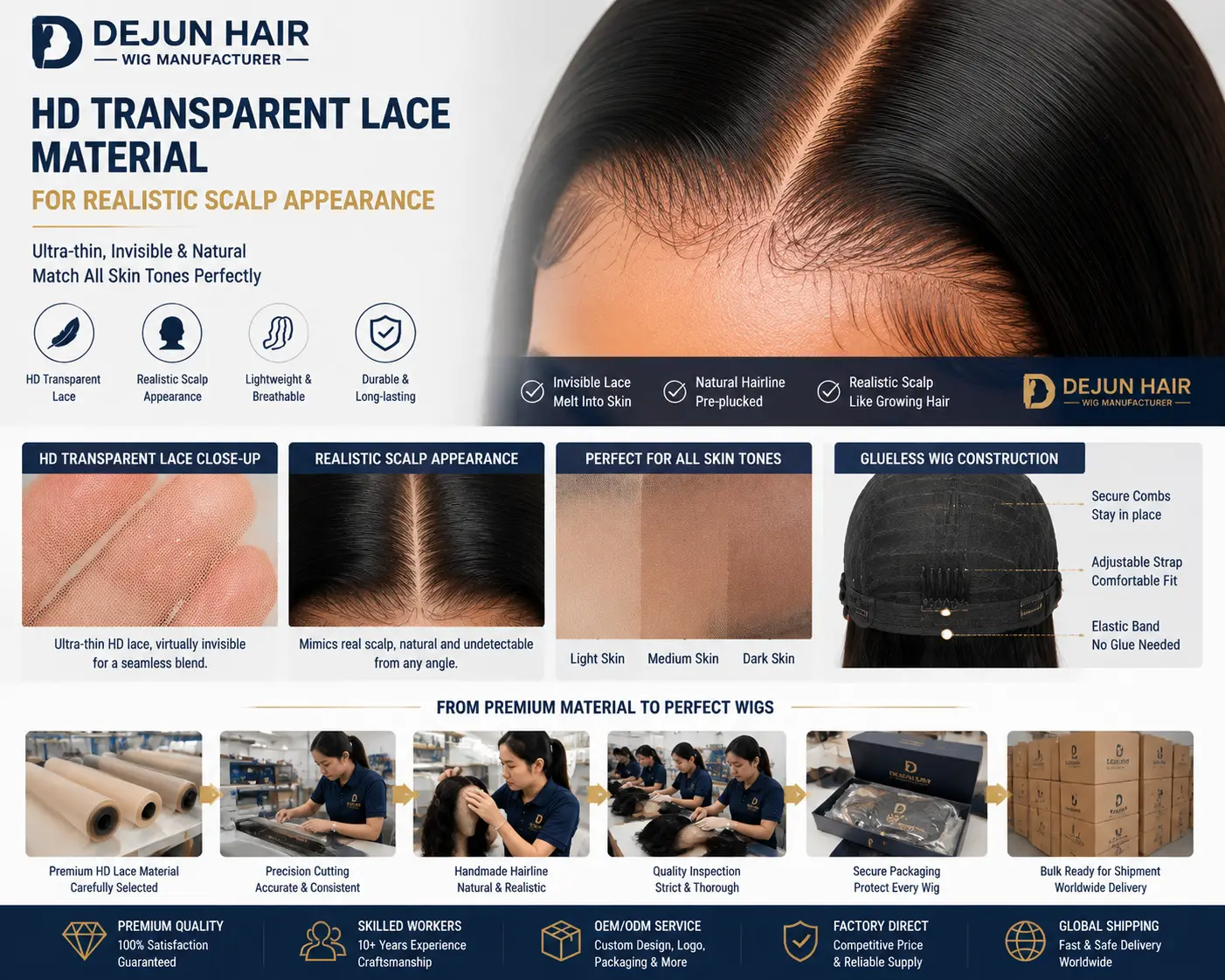 HD transparent lace material for glueless wigs with realistic scalp appearance and natural hairline