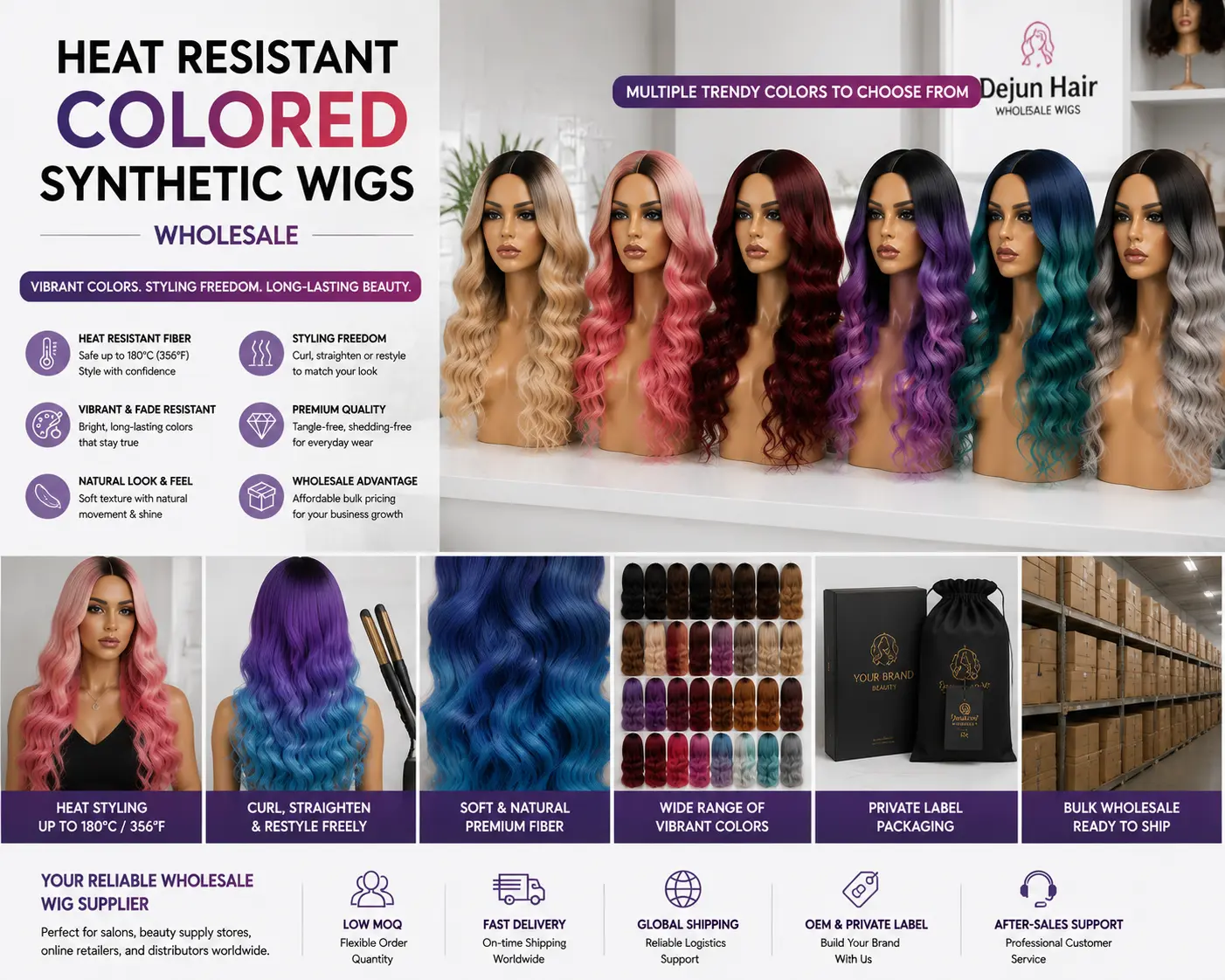 Heat resistant colored synthetic wigs wholesale with styling-friendly fiber and long-lasting vibrant colors