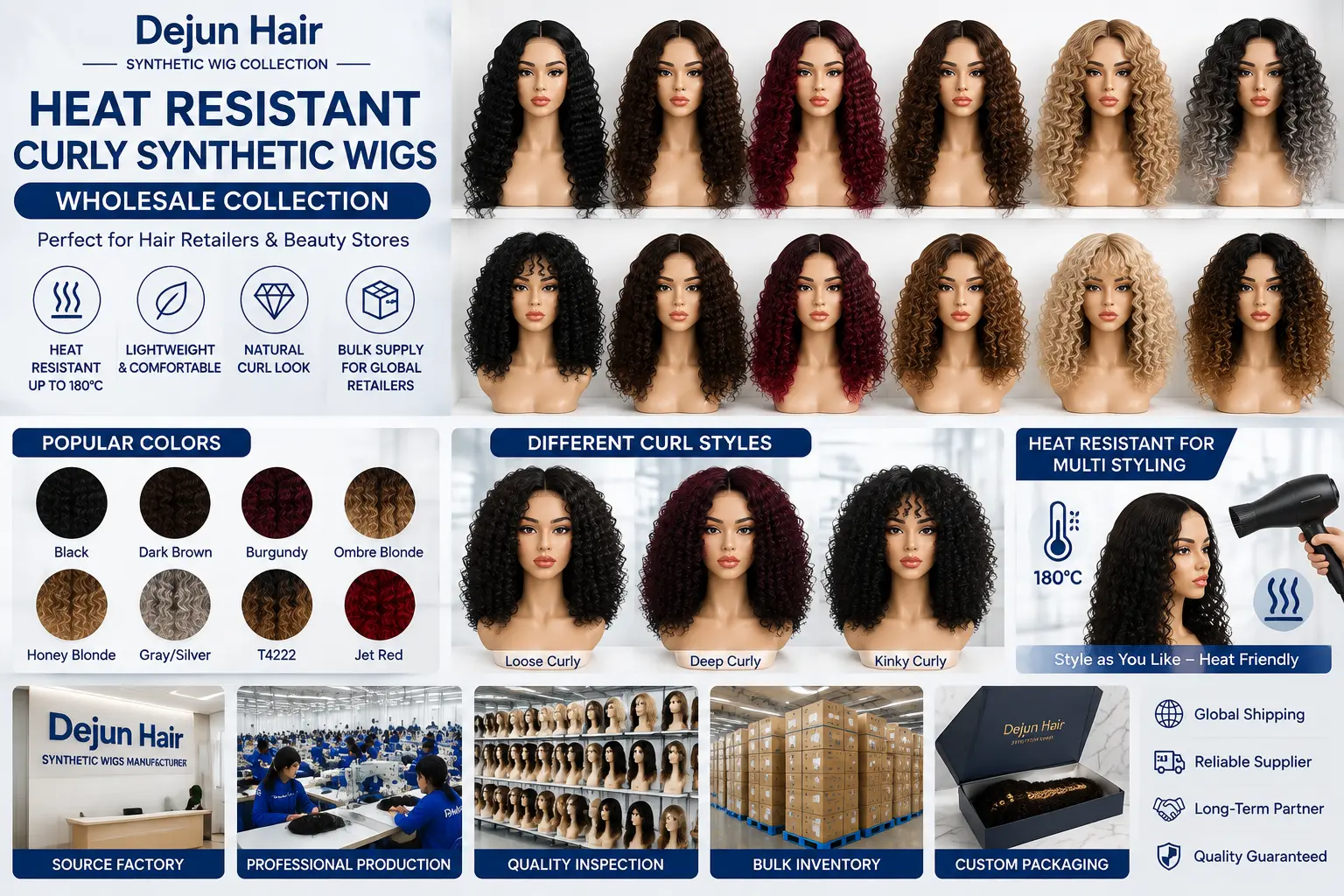 Heat resistant curly synthetic wigs wholesale collection with multiple curl styles and colors