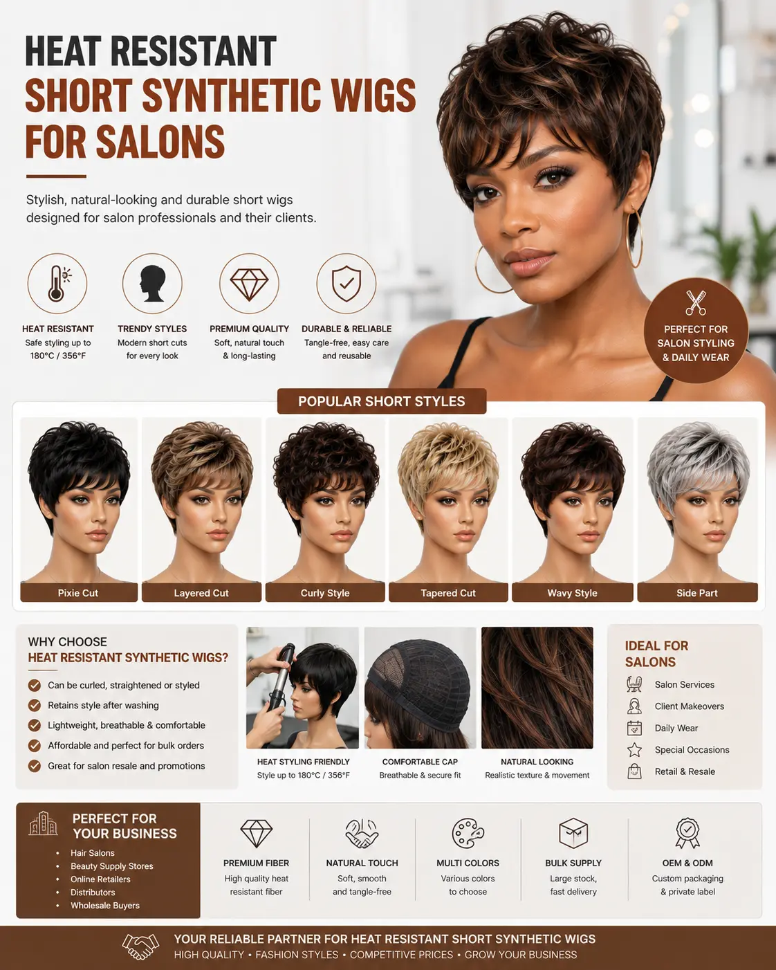 Heat resistant short synthetic wigs for salons, beauty stores and wholesale businesses