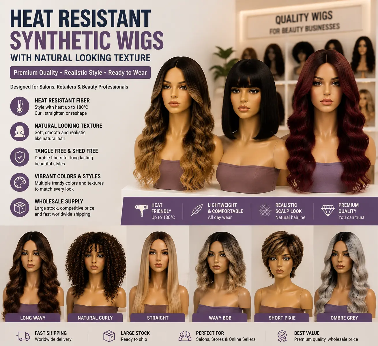 Heat resistant synthetic wigs with natural looking texture for comfortable daily wear