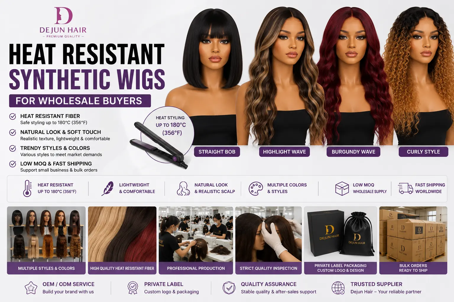 Heat resistant synthetic wigs in multiple styles and colors for wholesale buyers