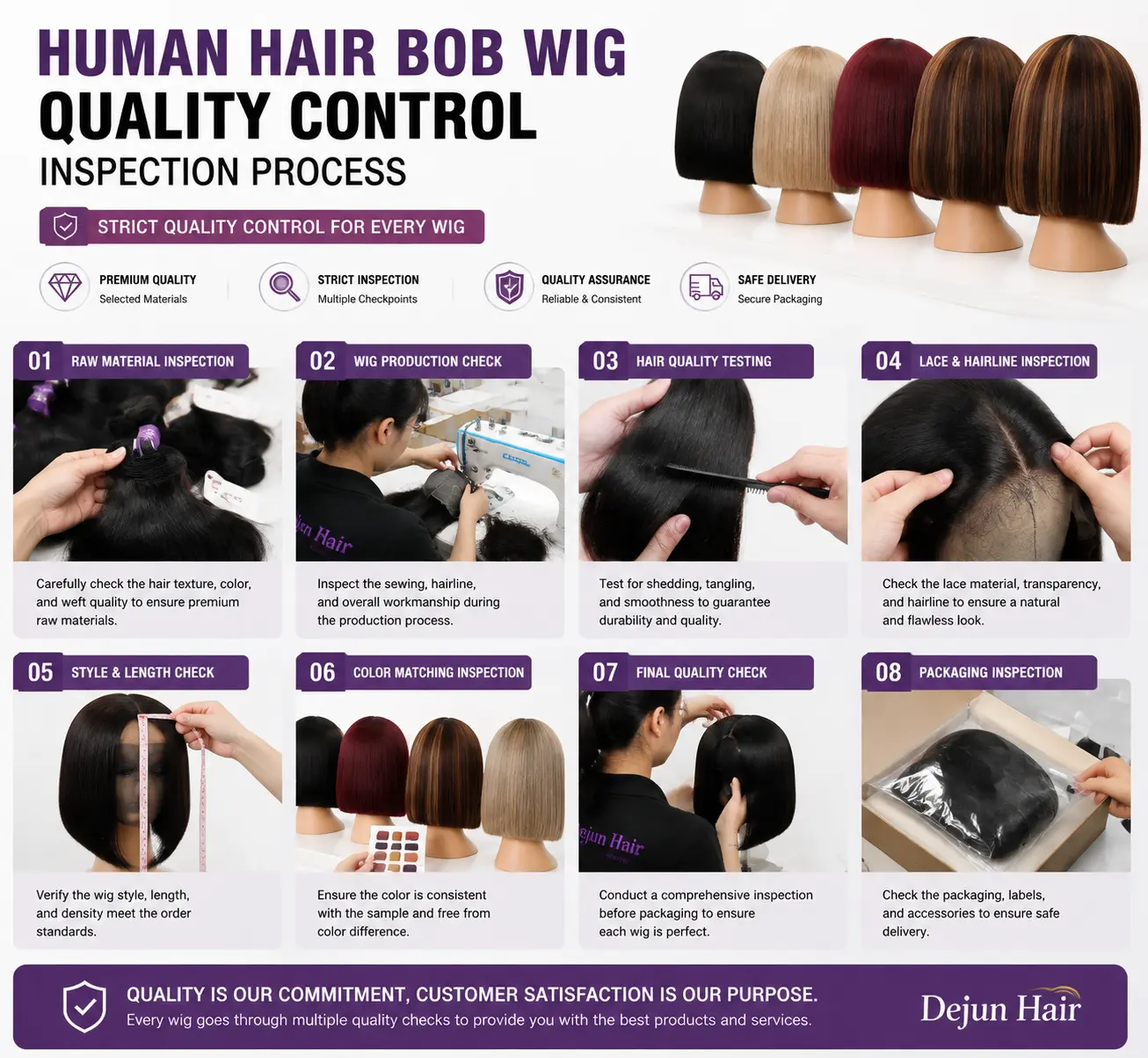 Bob wig quality inspection process in professional wig manufacturing factory