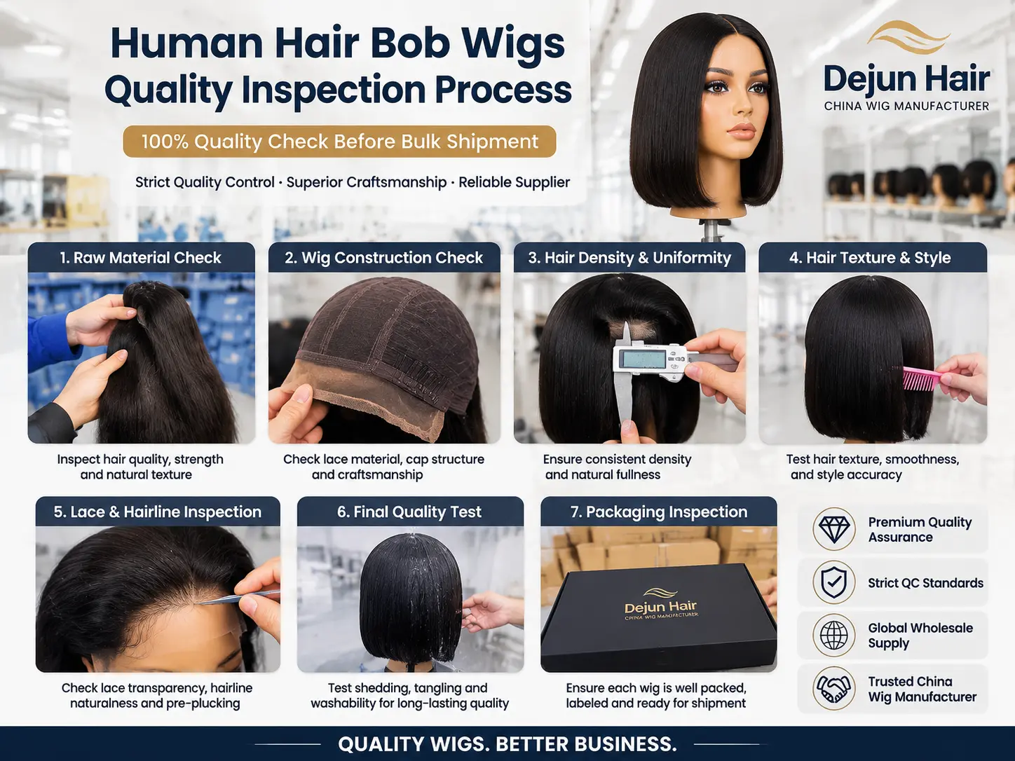 Human hair bob wigs quality inspection process before wholesale shipment