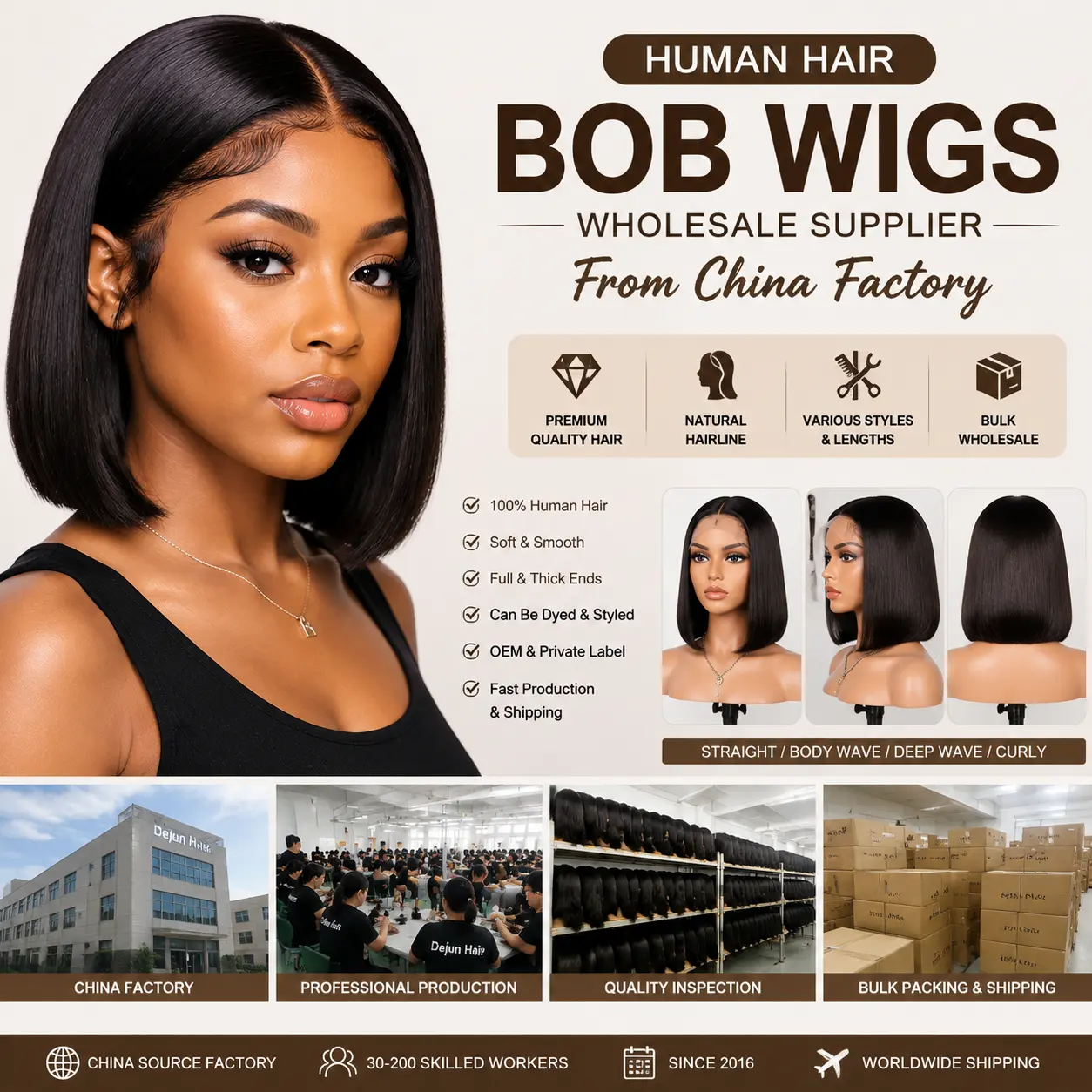 Human hair bob wigs wholesale supplier from China factory offering bulk orders, OEM service and custom wig production
