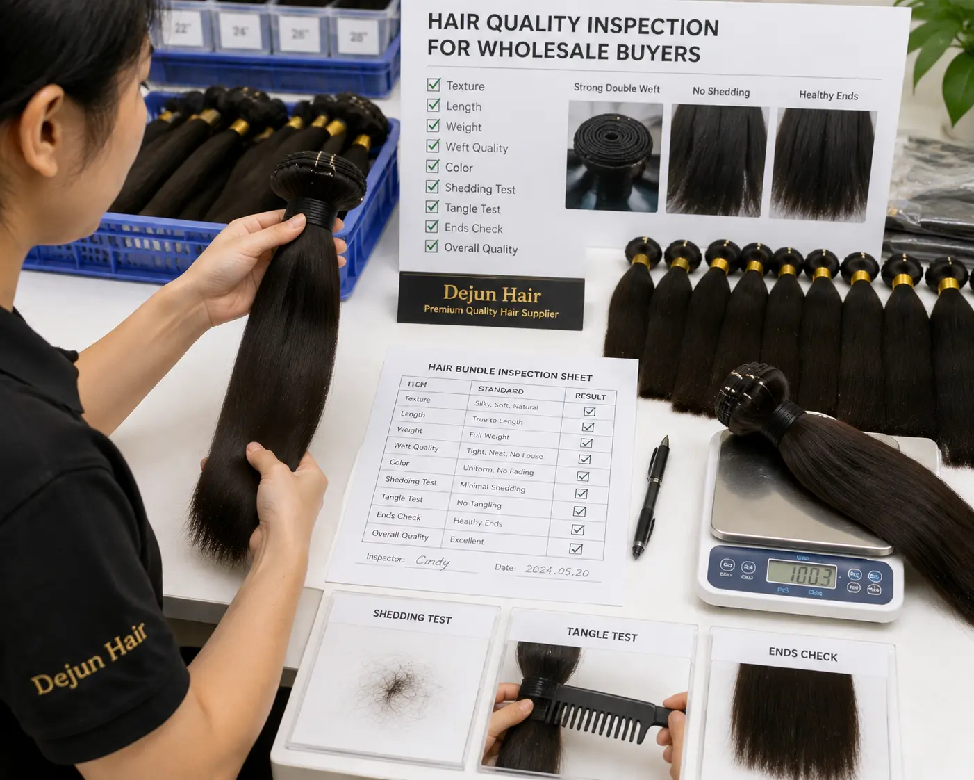Human hair bundle quality inspection for wholesale buyers checking texture, softness and overall condition