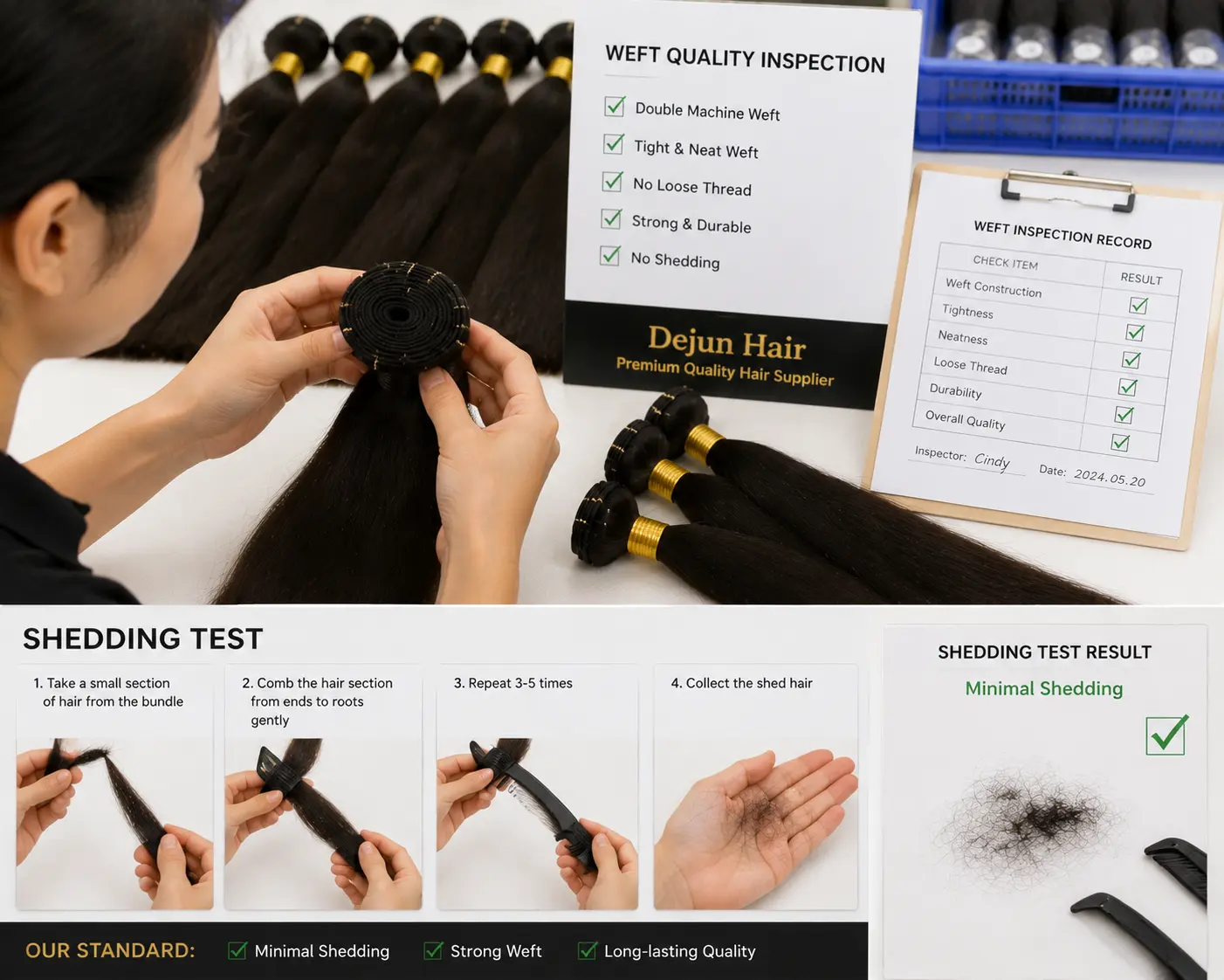 Human hair bundle weft and shedding quality inspection to check durability and minimal shedding performance