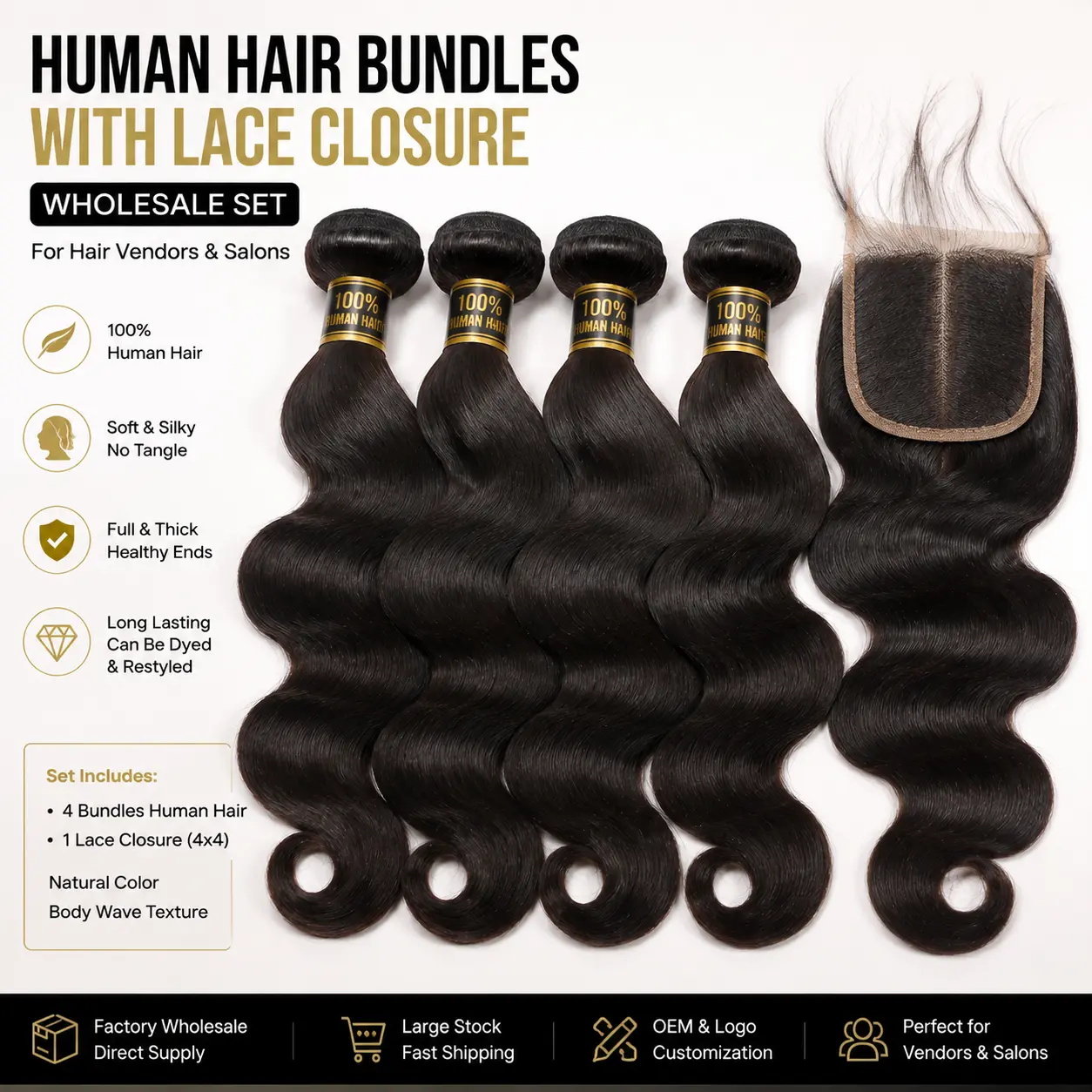 Human hair bundles with lace closure wholesale set for hair businesses