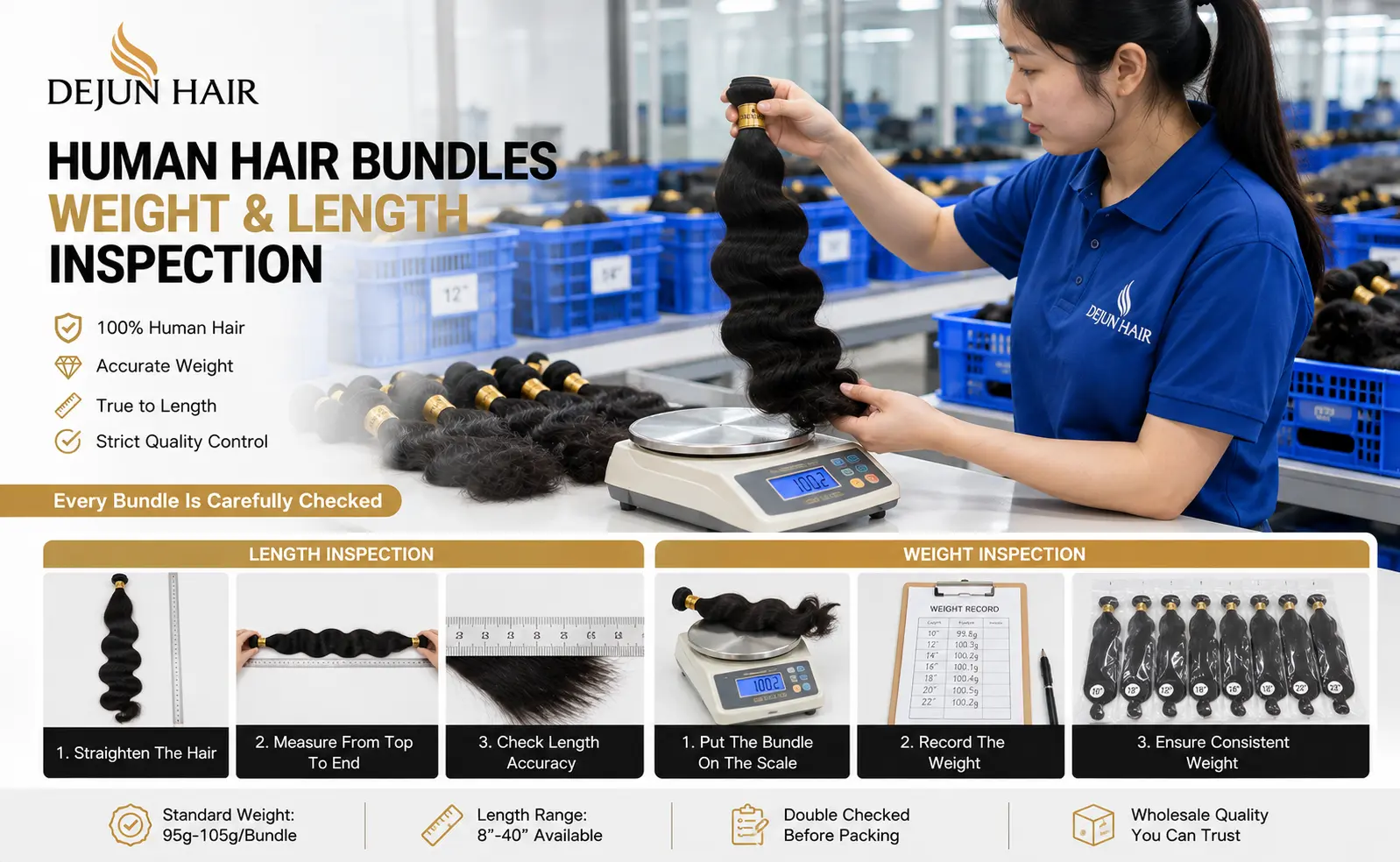 Human hair bundles weight and length inspection during factory quality control