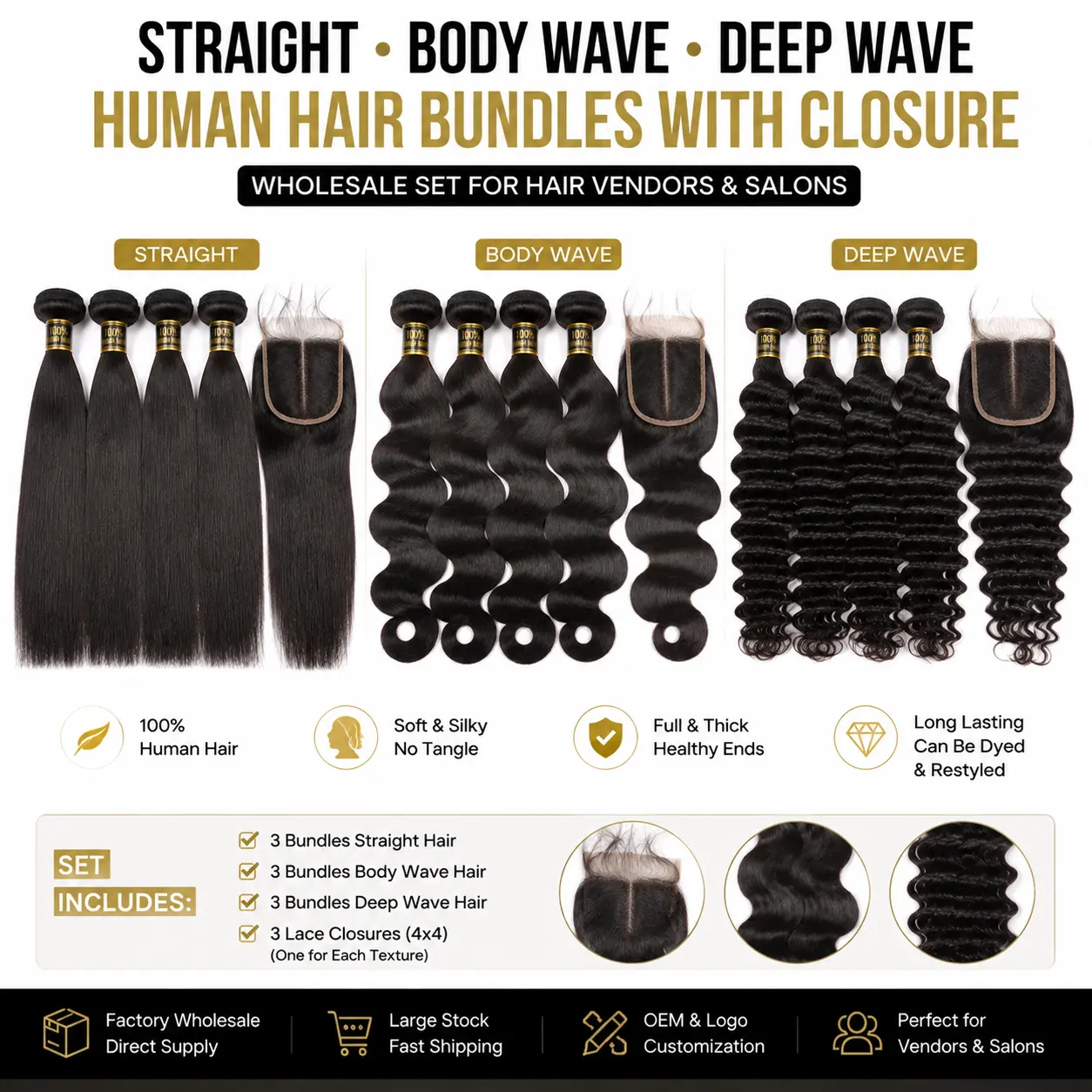 Straight body wave and deep wave human hair bundles with closure
