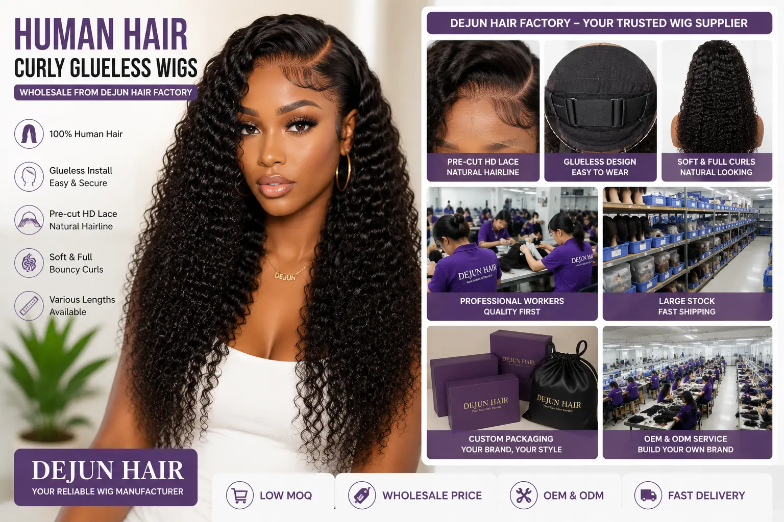 Human hair curly glueless wigs wholesale from Dejun Hair factory