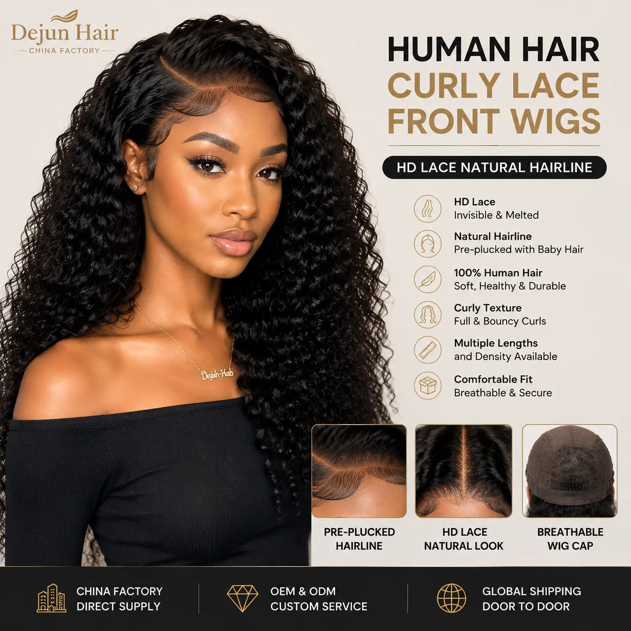 Human hair curly lace front wigs with HD lace and natural pre-plucked hairline for wholesale buyers