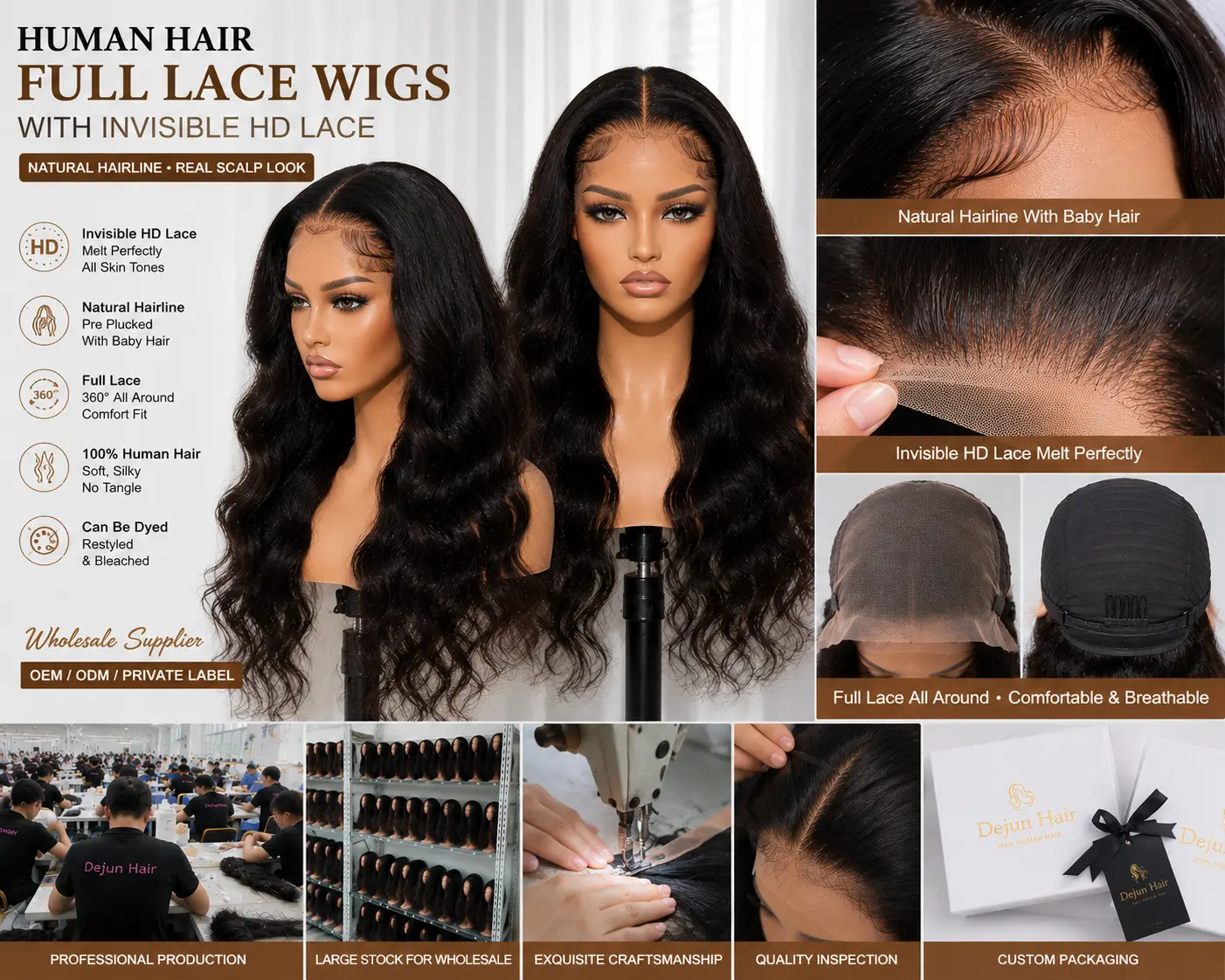 Human hair full lace wigs with invisible HD lace and realistic scalp appearance