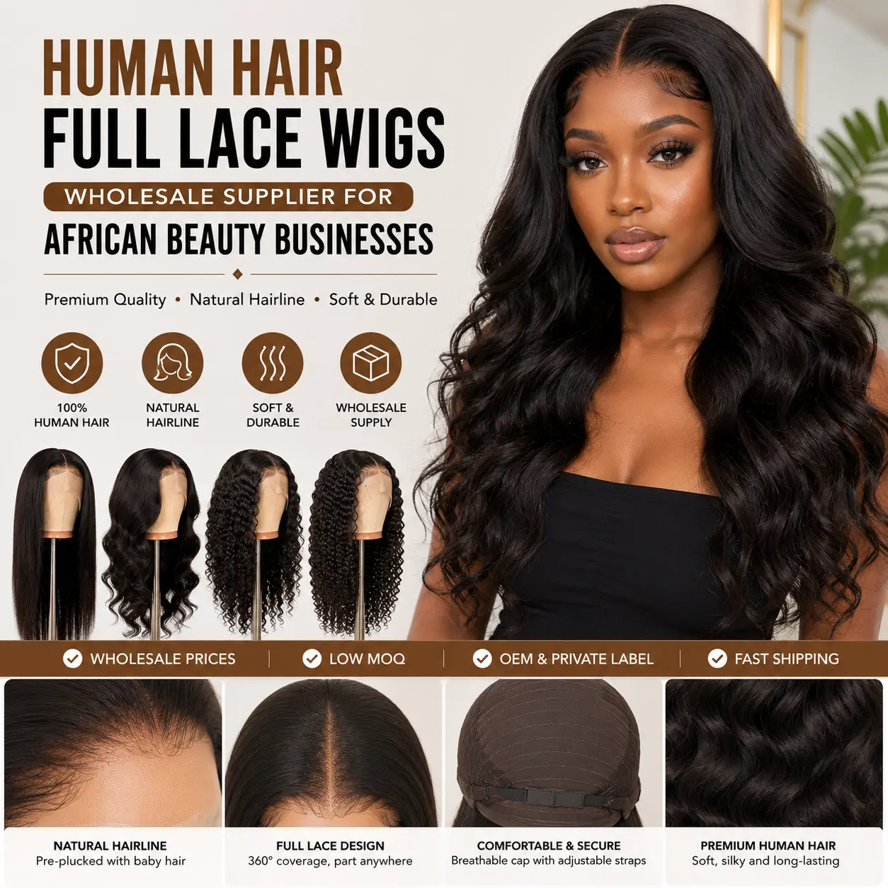 Human hair full lace wigs wholesale supplier for African beauty businesses