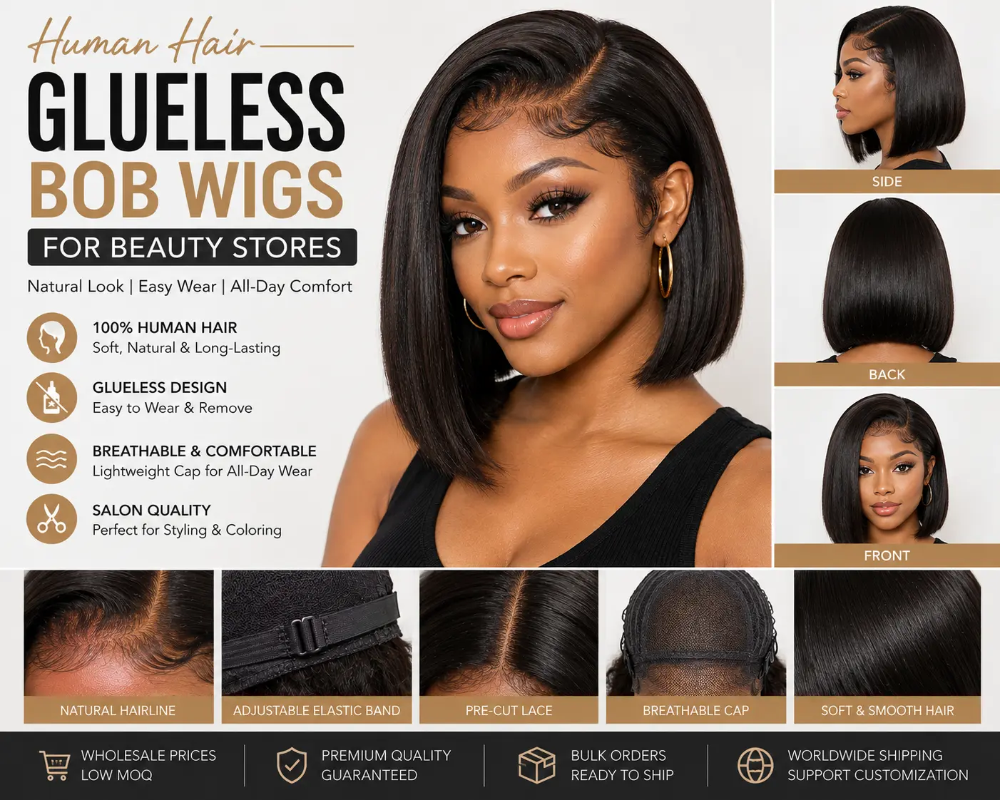 Human hair glueless bob wigs for beauty stores with a natural-looking hairline