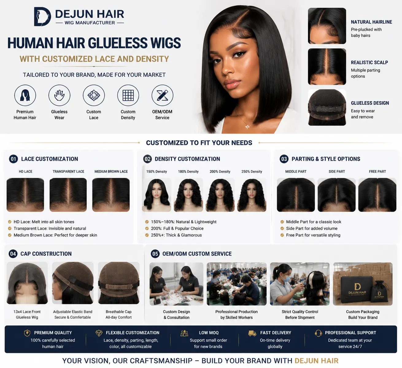 Human hair glueless wigs with customized lace type and density options for wholesale buyers