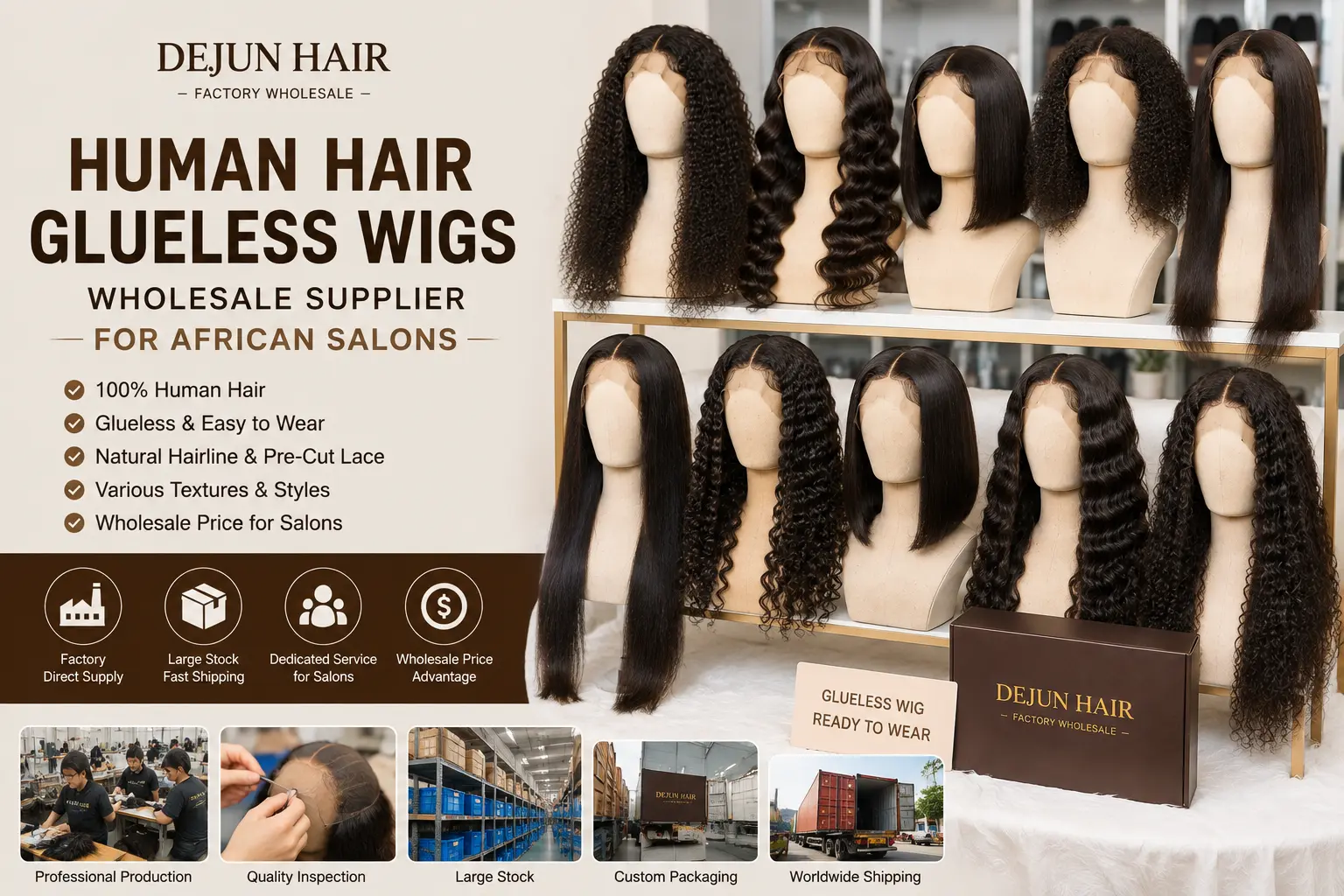 Human hair glueless wigs wholesale supplier for African salons and beauty businesses