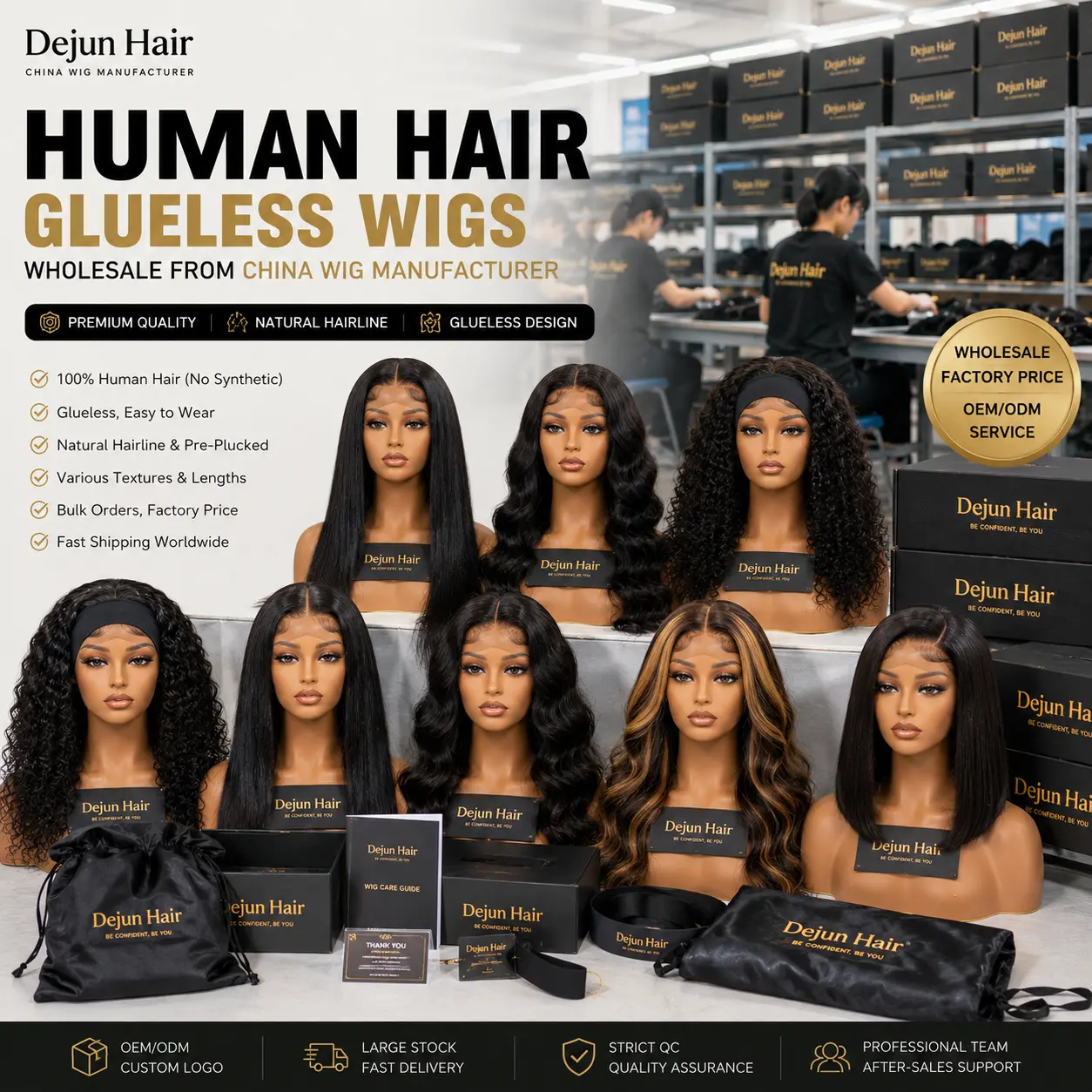 Human hair glueless wigs wholesale from China wig manufacturer Dejun Hair