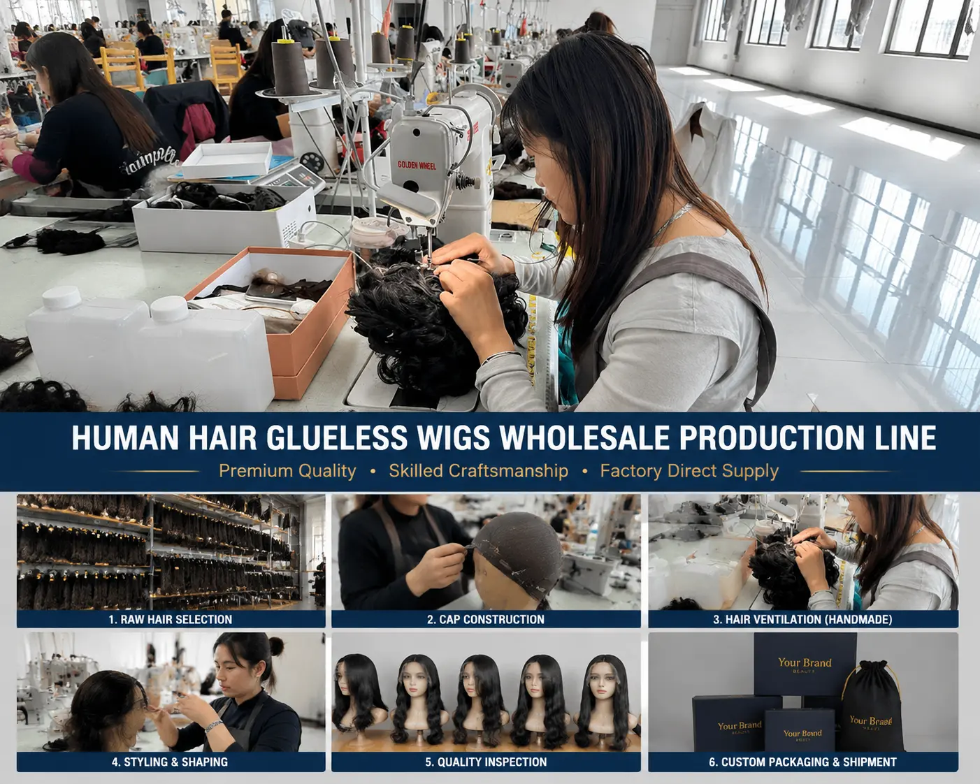 Human hair glueless wigs wholesale production line with professional manufacturing process in China factory