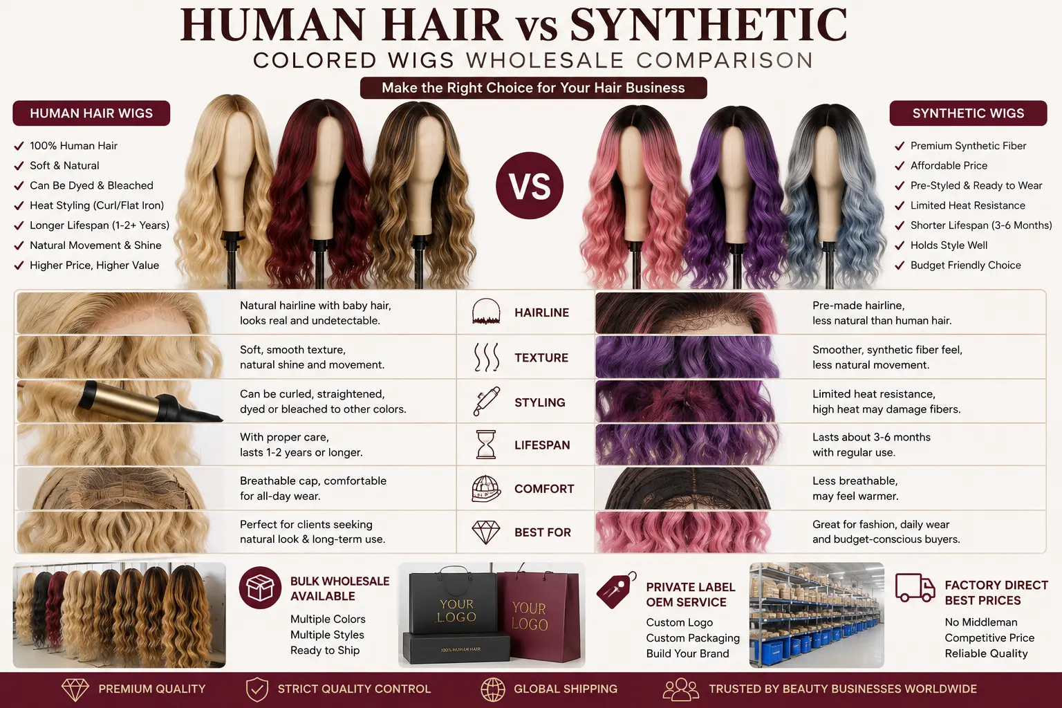 Human hair vs synthetic colored wigs wholesale comparison for beauty businesses