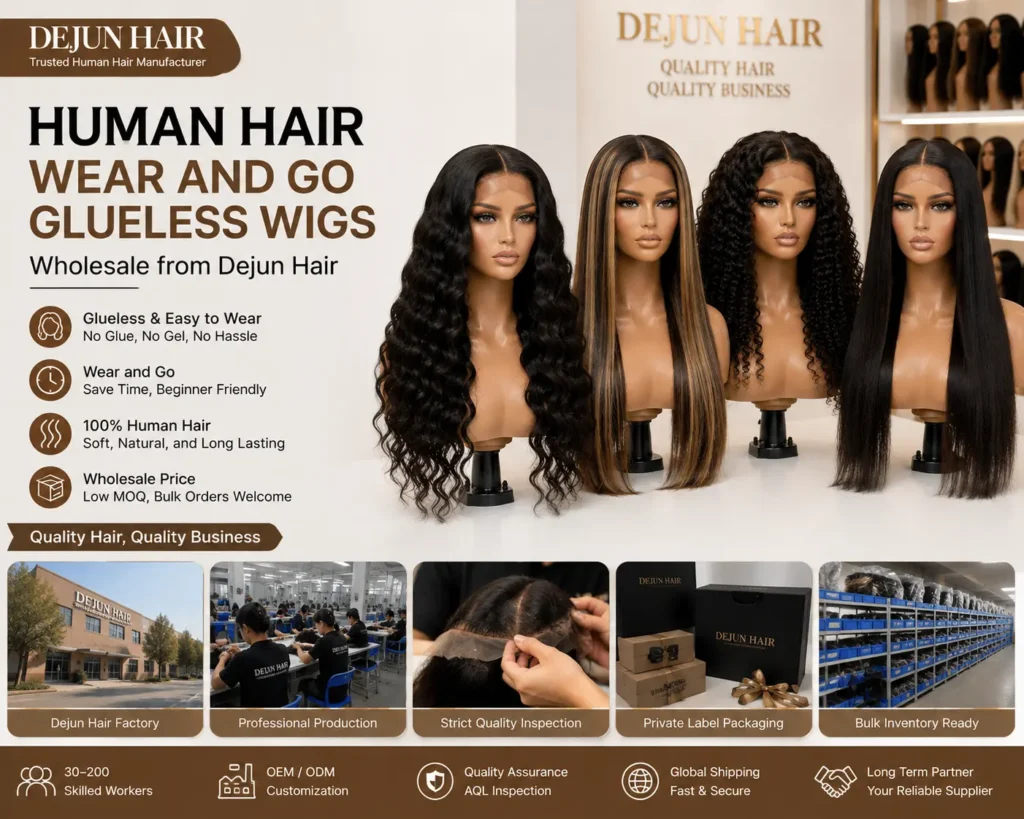 Human hair wear and go glueless wigs wholesale from Dejun Hair
