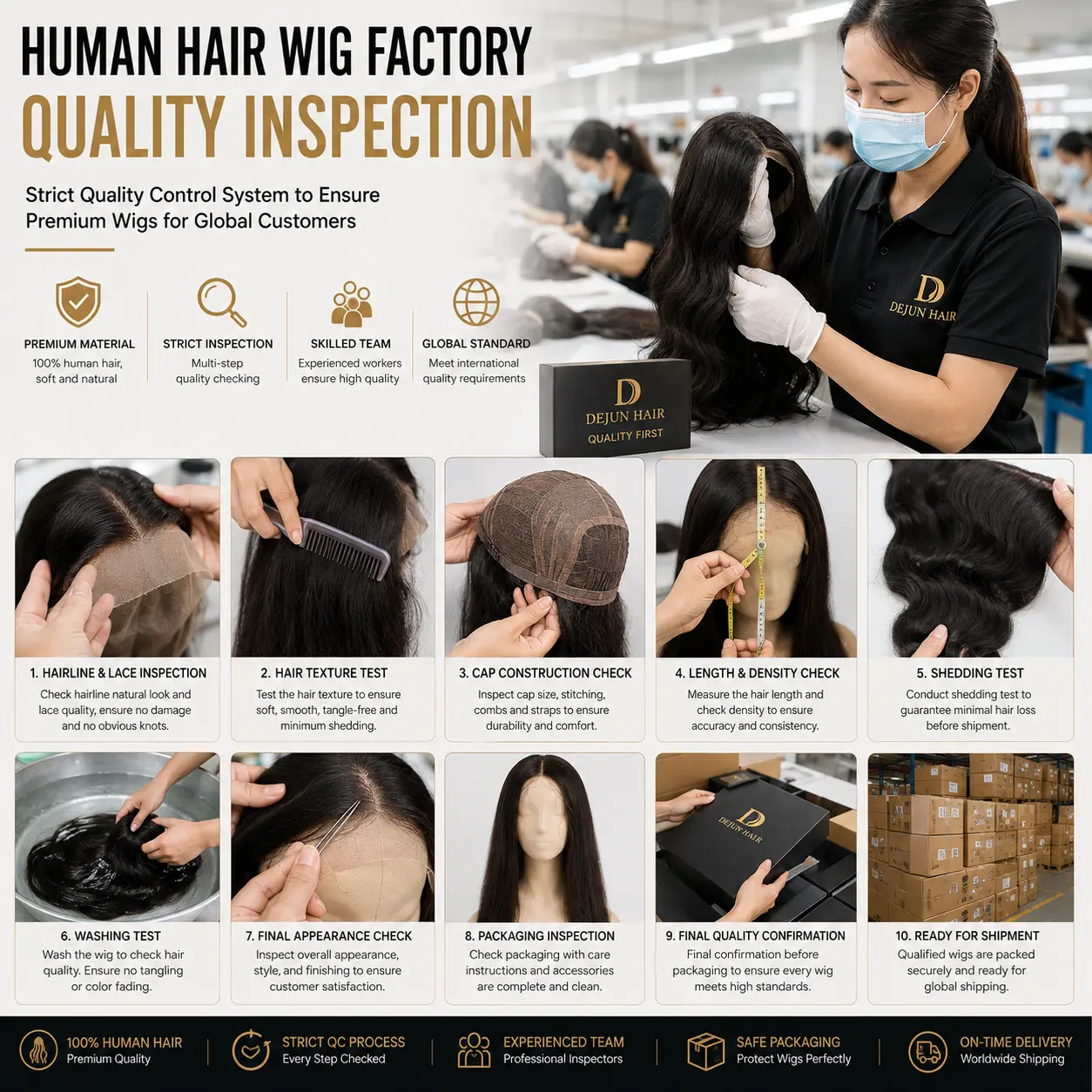 Human hair wig factory quality inspection for lace, texture, density and construction