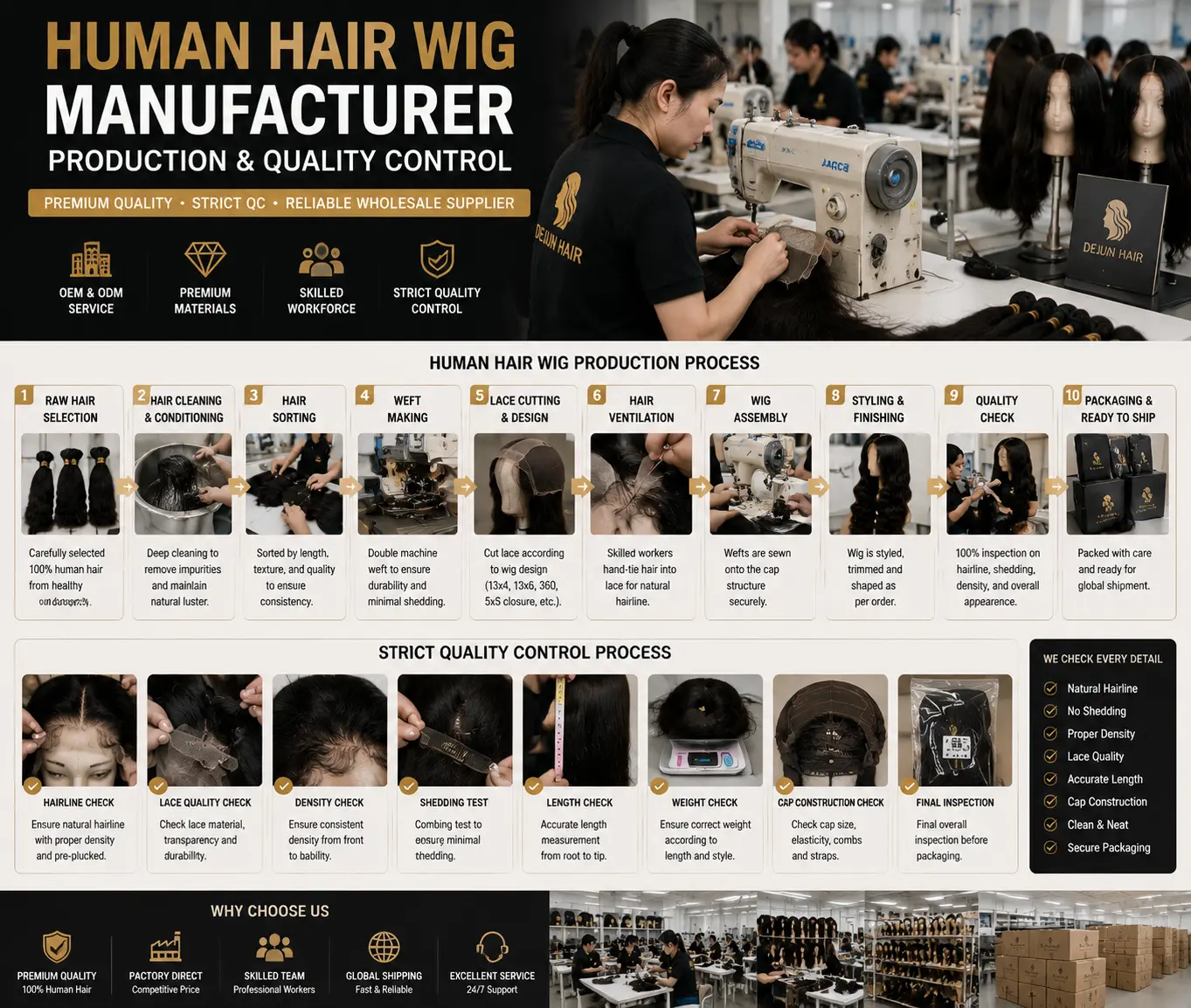 Human hair wig manufacturer production and quality control process at factory