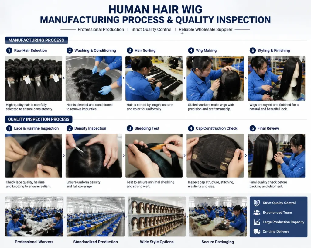Human hair wig manufacturing process and quality inspection in professional wig factory