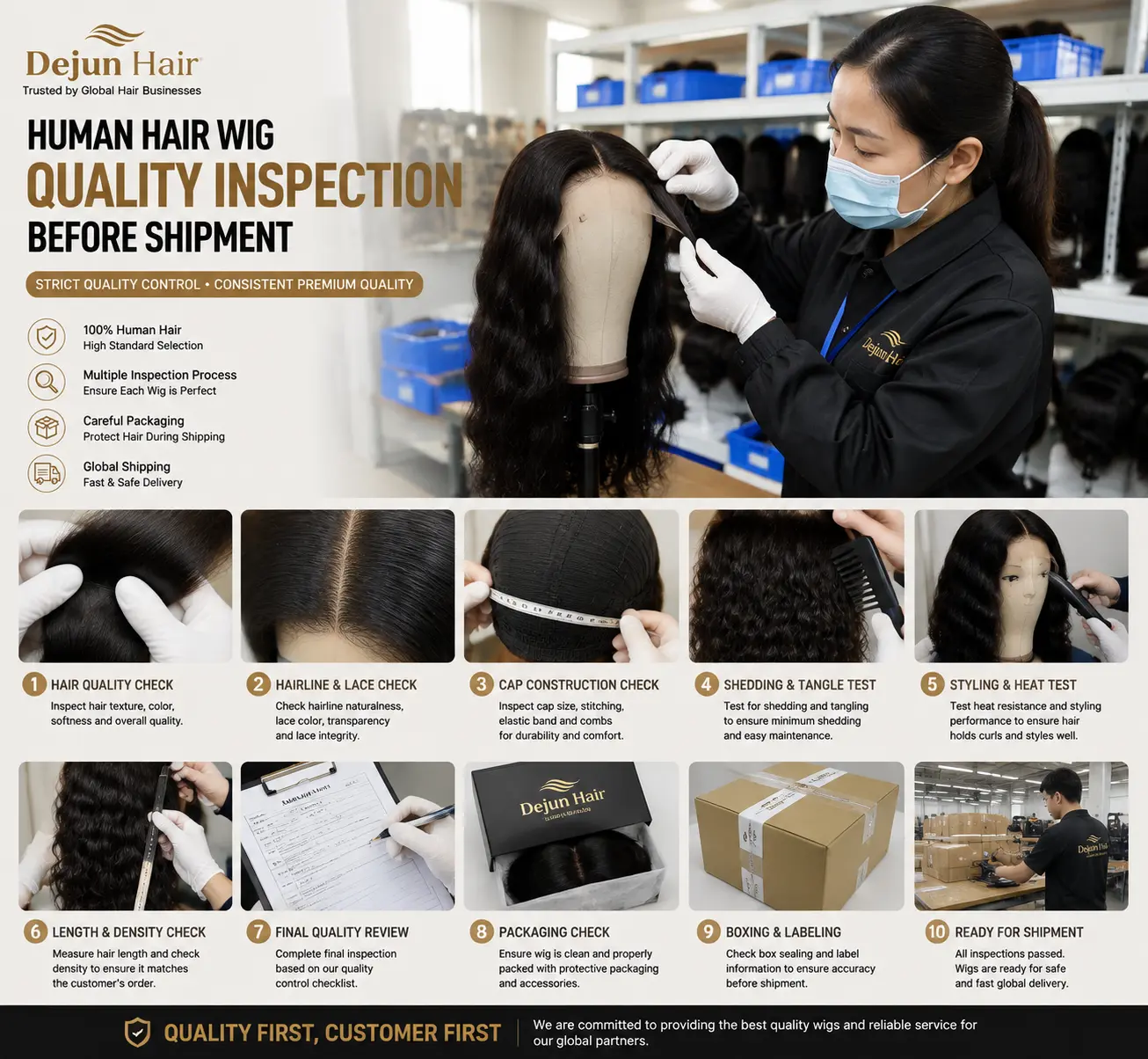Human hair wig quality inspection process before shipment at Dejun Hair factory
