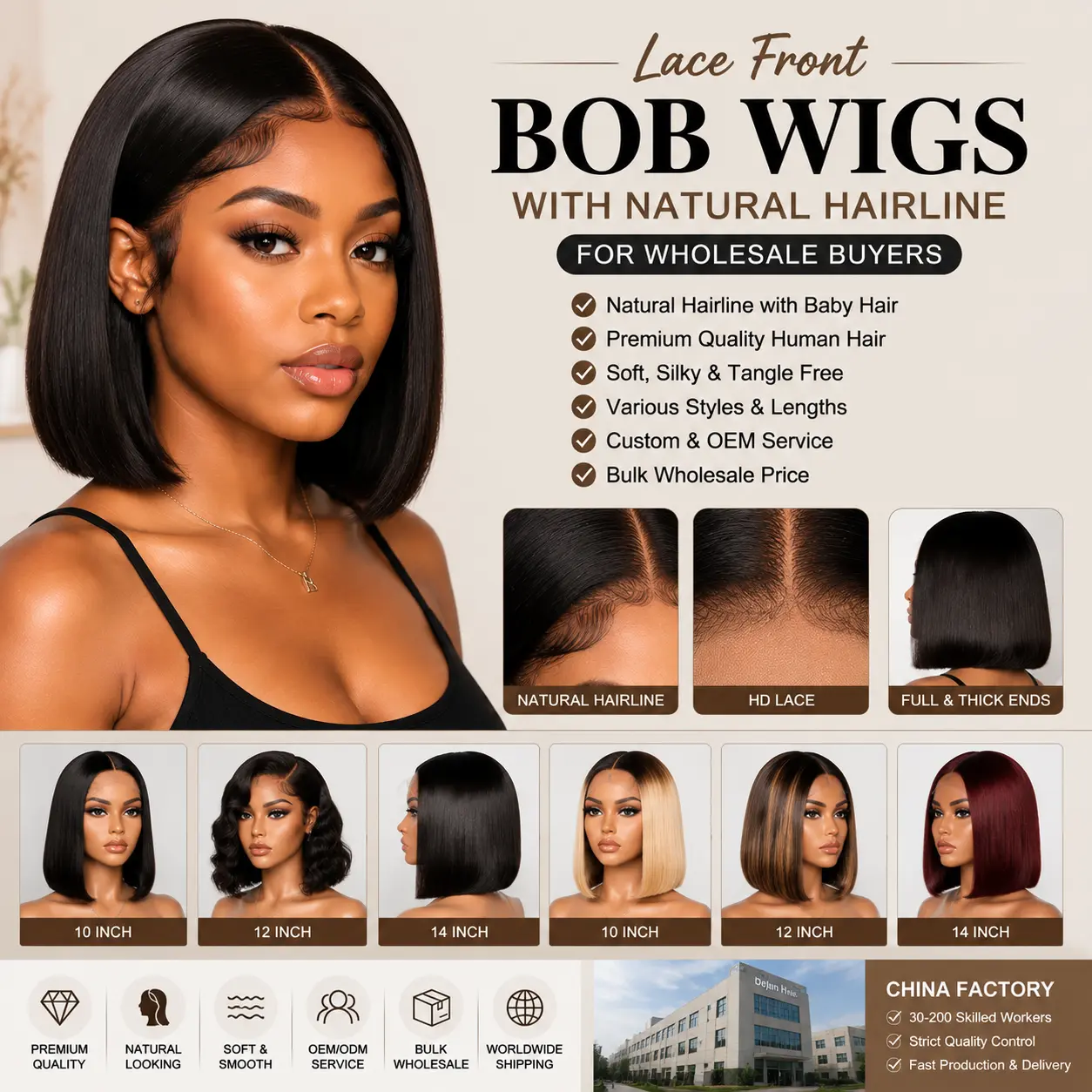 Lace front bob wigs with natural hairline and HD lace construction for global wholesale wig buyers