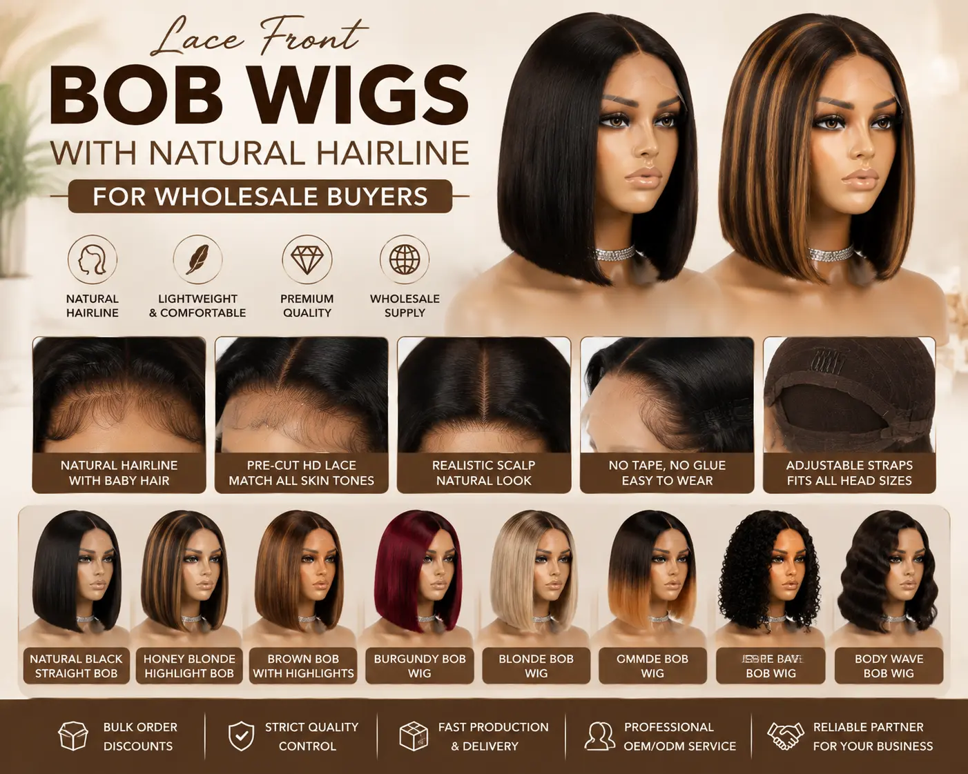 Lace front bob wigs with natural hairline for wholesale buyers and beauty businesses