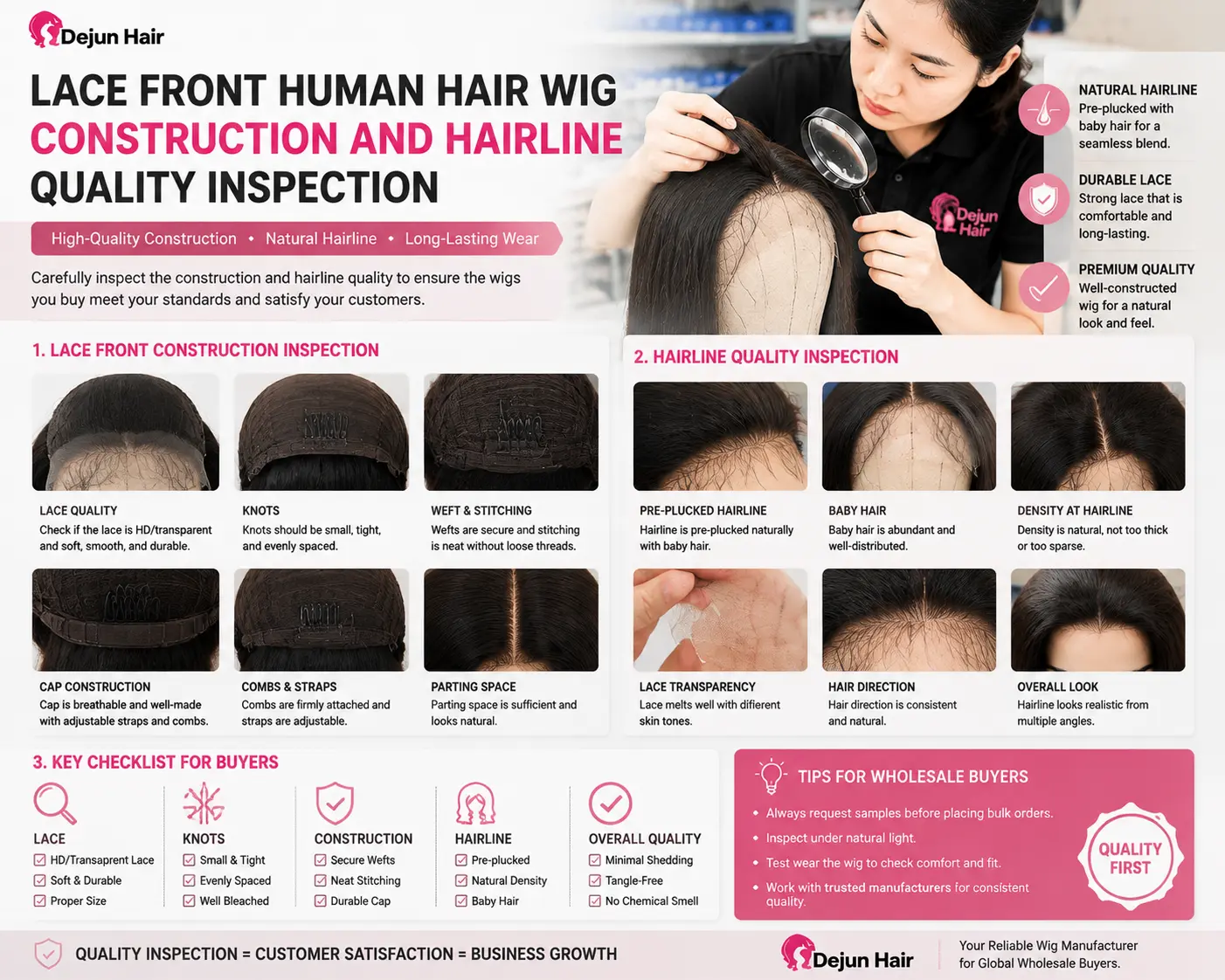 Lace front human hair wig construction and hairline quality inspection showing lace, knots, density, baby hair, and natural hairline details