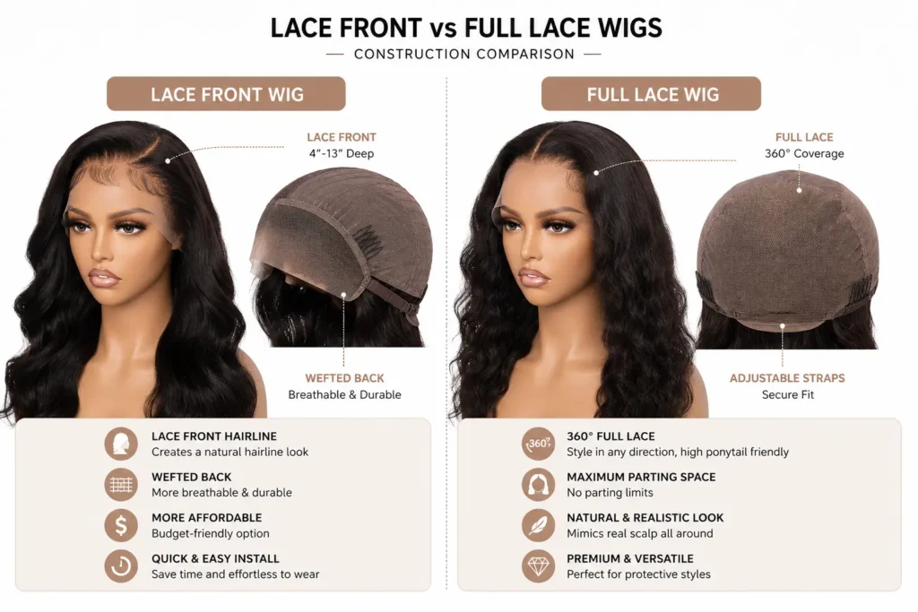 Lace front vs full lace wigs construction comparison showing different lace cap designs
