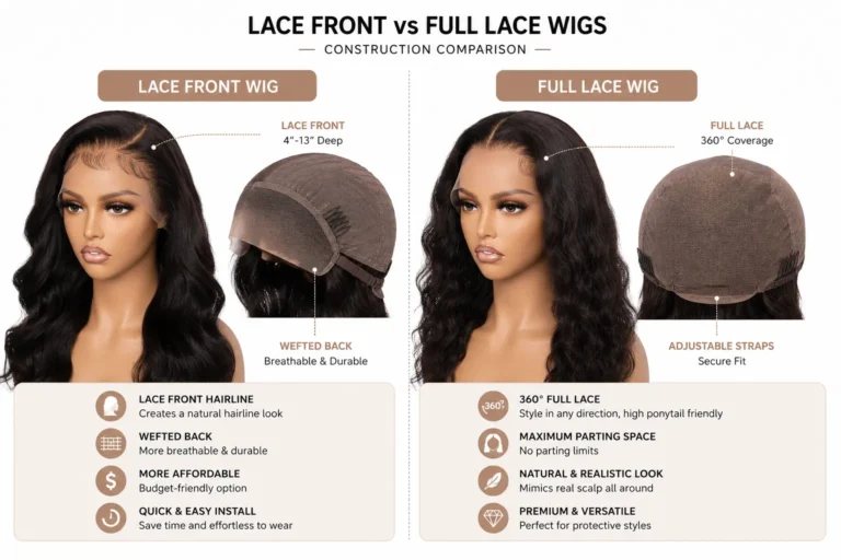 Lace front vs full lace wigs construction comparison showing different lace cap designs