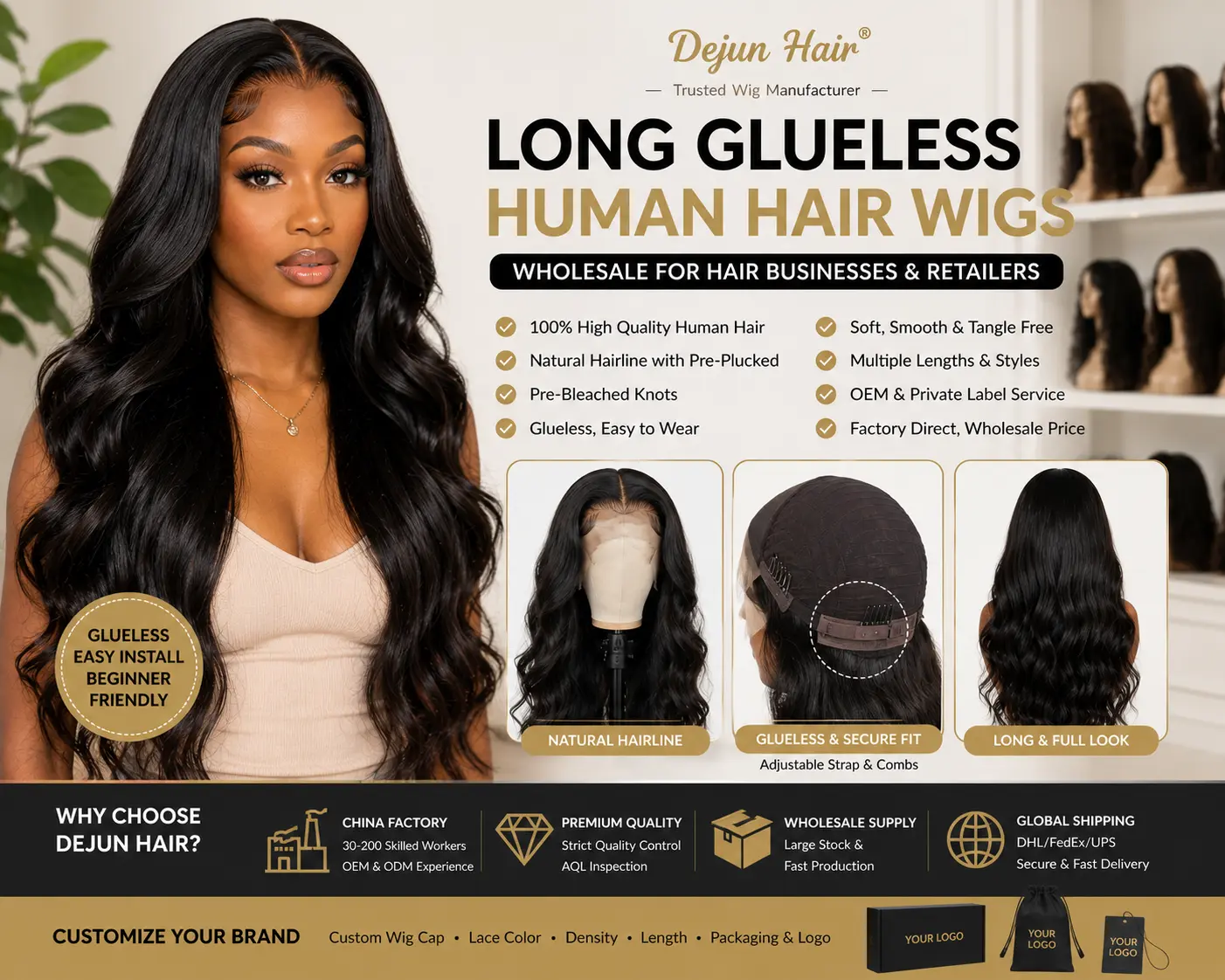 Long glueless human hair wigs wholesale with natural hairline and secure fit