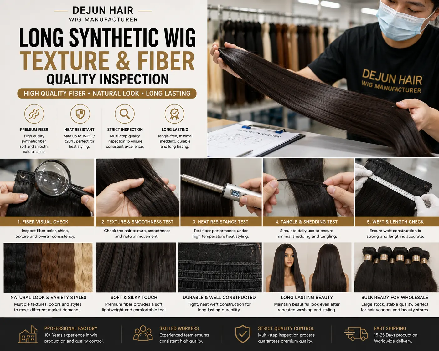 Long synthetic wig texture and fiber quality inspection at Dejun Hair factory