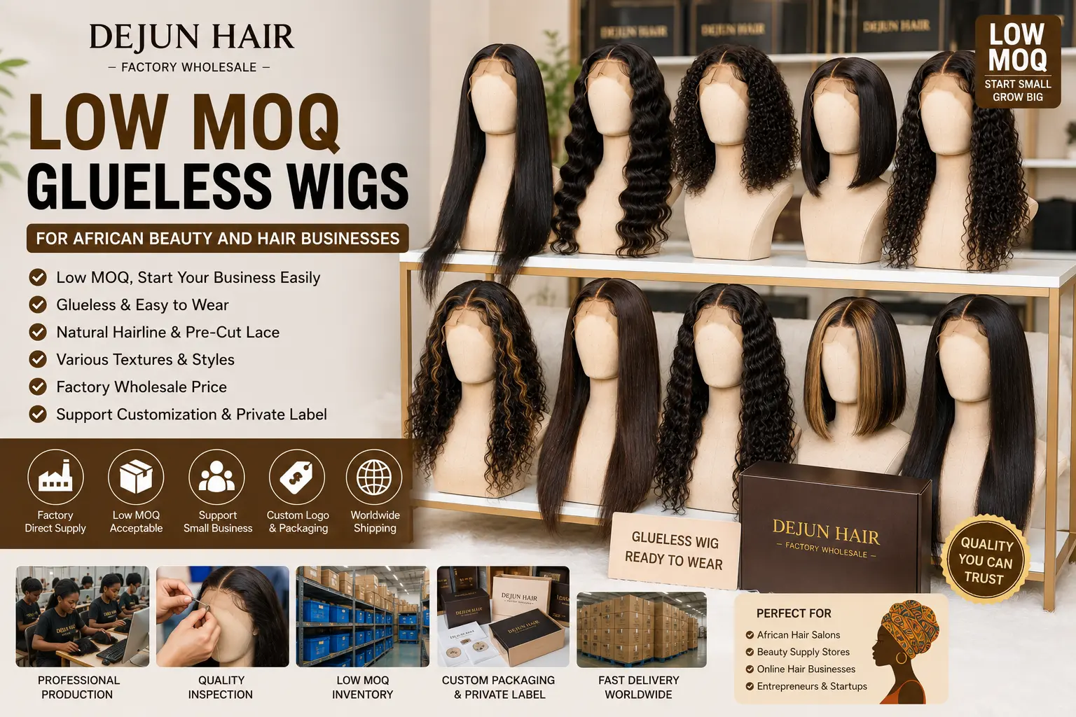 Low MOQ glueless wigs for African beauty and hair businesses from wholesale supplier