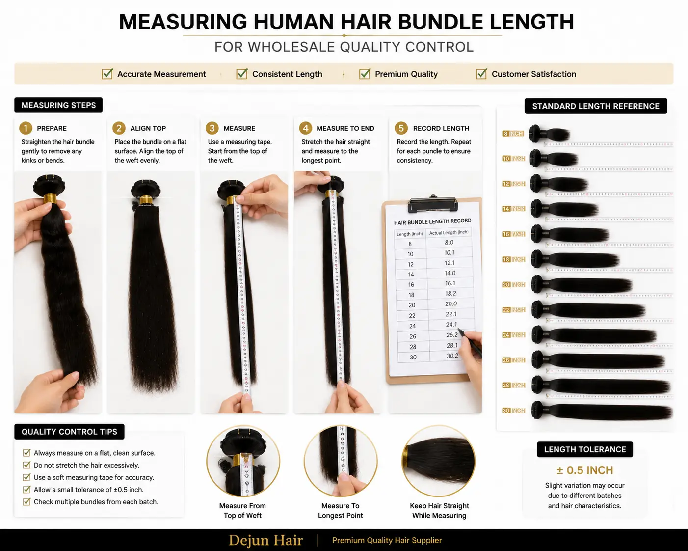 Measuring human hair bundle length for wholesale quality control and consistent sizing