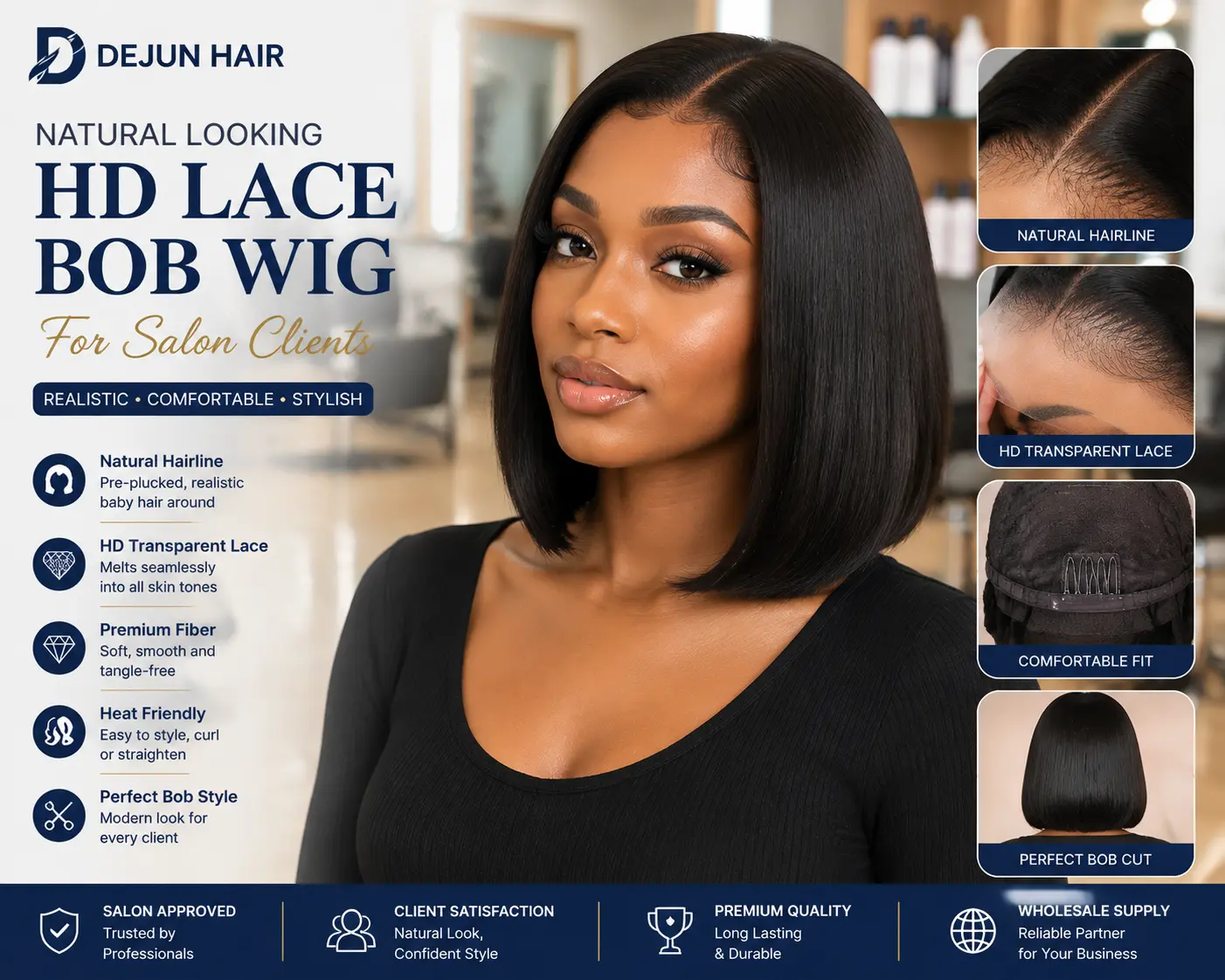 Natural looking HD lace bob wig for salon clients with realistic hairline style