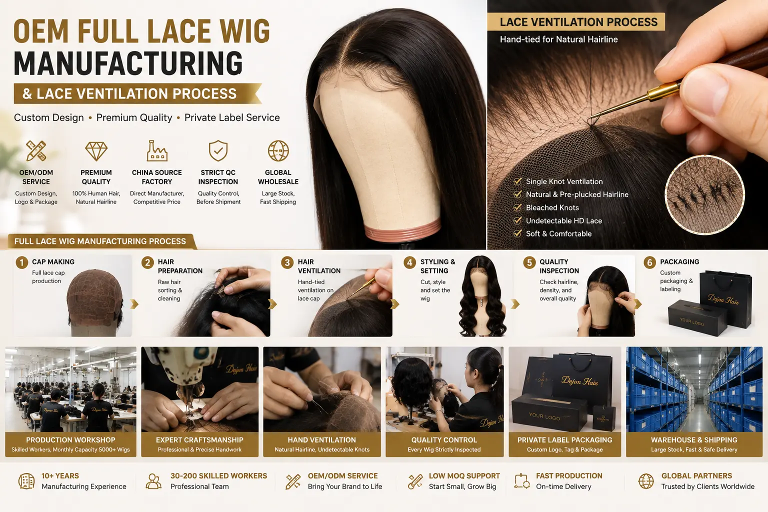 OEM full lace wig manufacturing and lace ventilation process