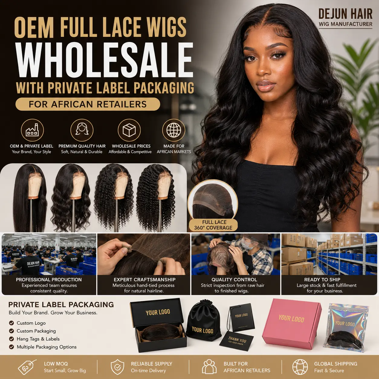OEM full lace wigs wholesale with private label packaging for African wig retailers